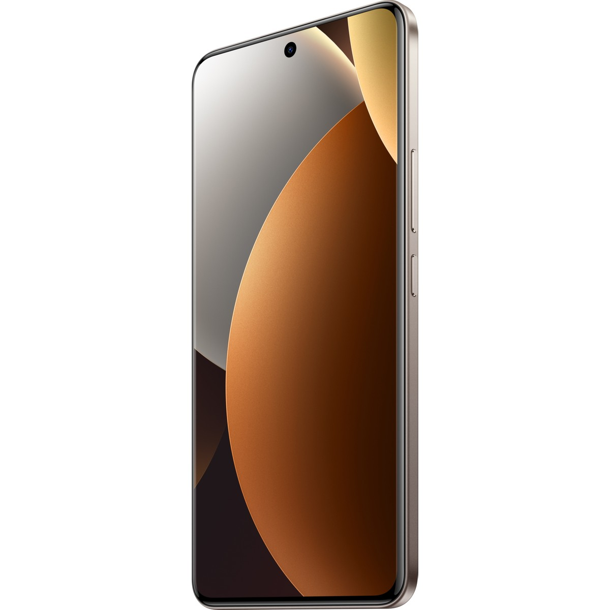 Kahverengi ve bej tonlarinda soyut dairesel desenler gosteren ekranli, altin cerceveli bir akilli telefon.