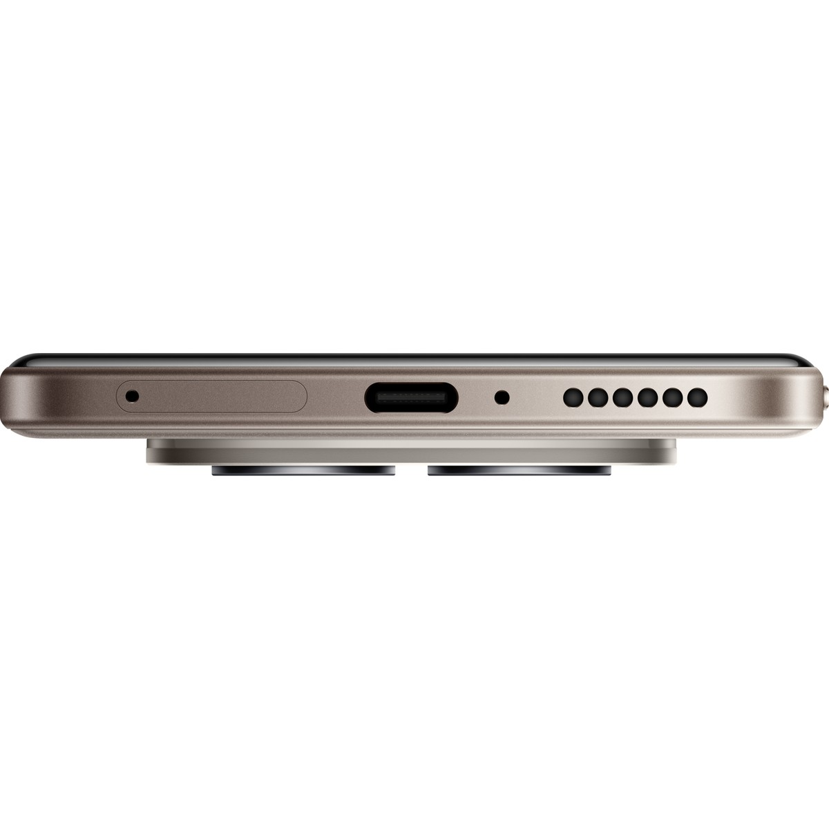 USB-C bağlantı noktası, hoparlör ızgarası, mikrofon ve SIM tepsisi görülen bir telefonun alt görünümü.