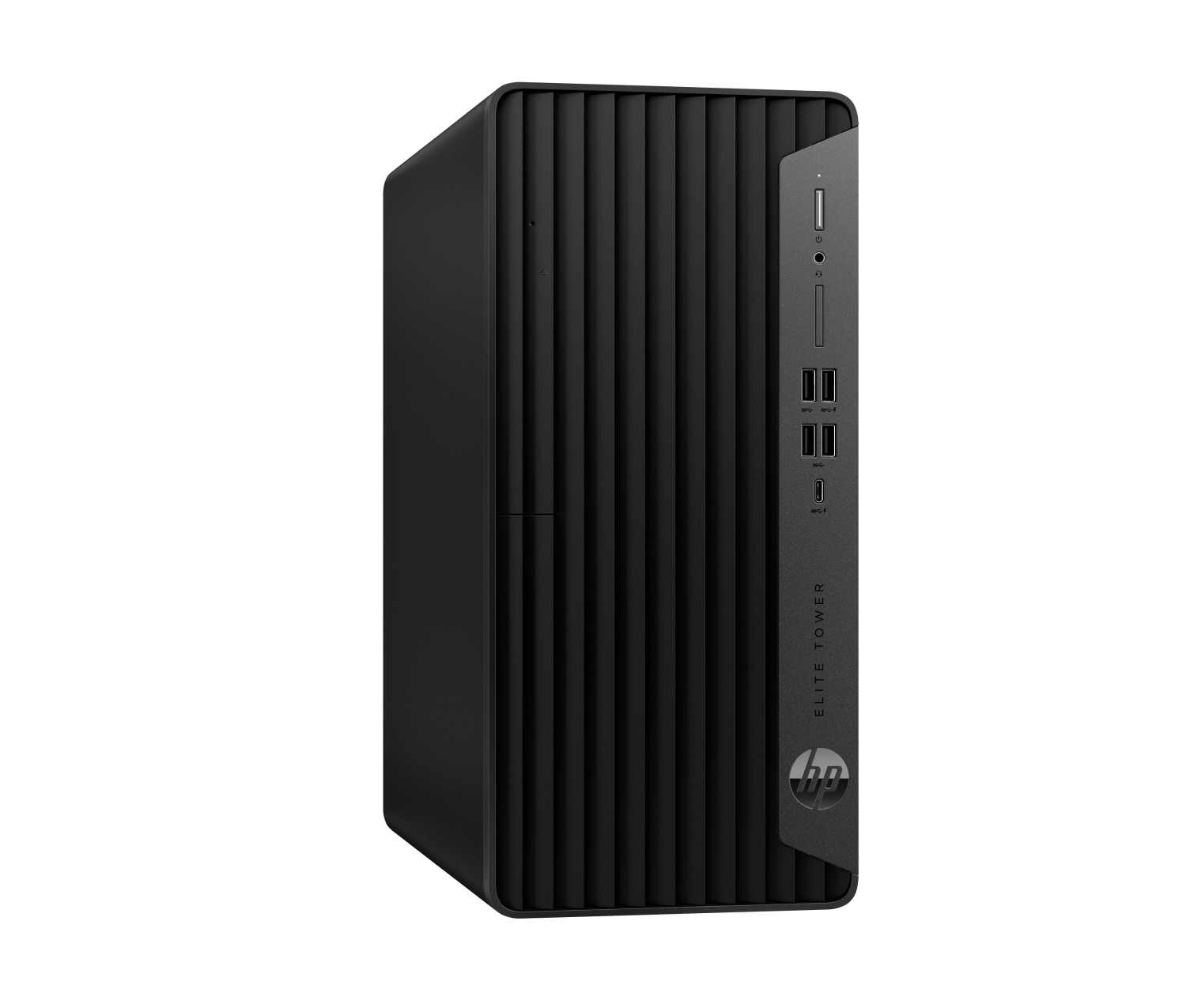PC tower HP Elite nero con pannello frontale scanalato verticalmente e porte su sfondo bianco.