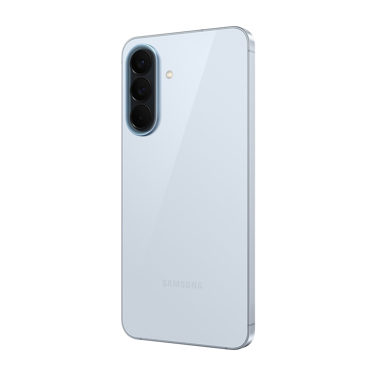 Üç dikey kameralı ve Samsung logolu açık mavi bir Samsung akıllı telefonun arkası.