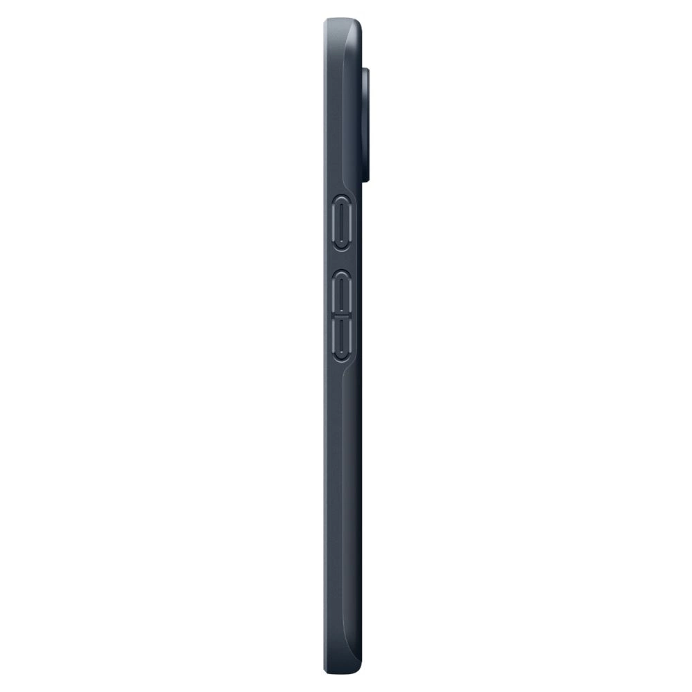 Vista laterale di uno smartphone blu scuro con tasti volume e accensione su sfondo bianco.