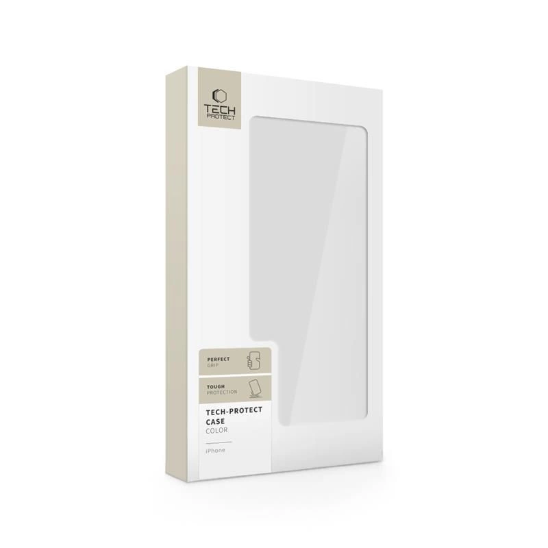 Weiße Tech-Protect Smartphone-Verpackung mit Sichtfenster und Markenlogo auf neutralem Hintergrund.