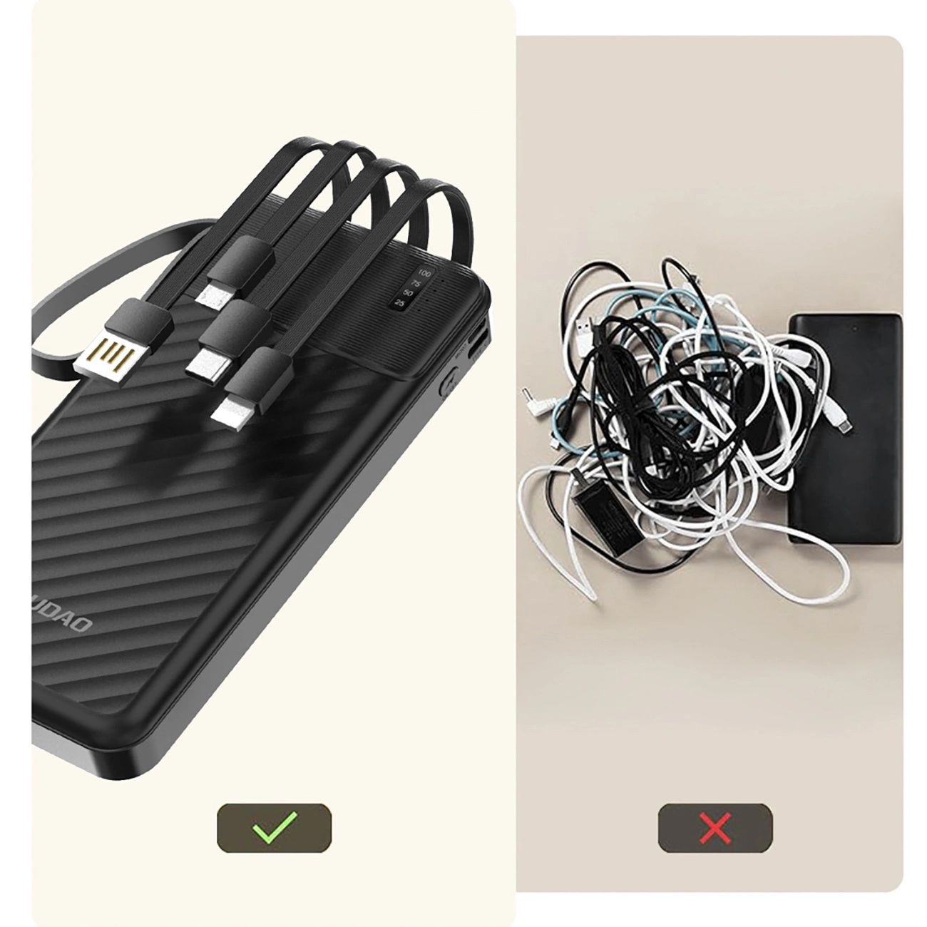 Confronto tra un power bank ordinato con cavi (spunta) e un groviglio di cavi (croce).