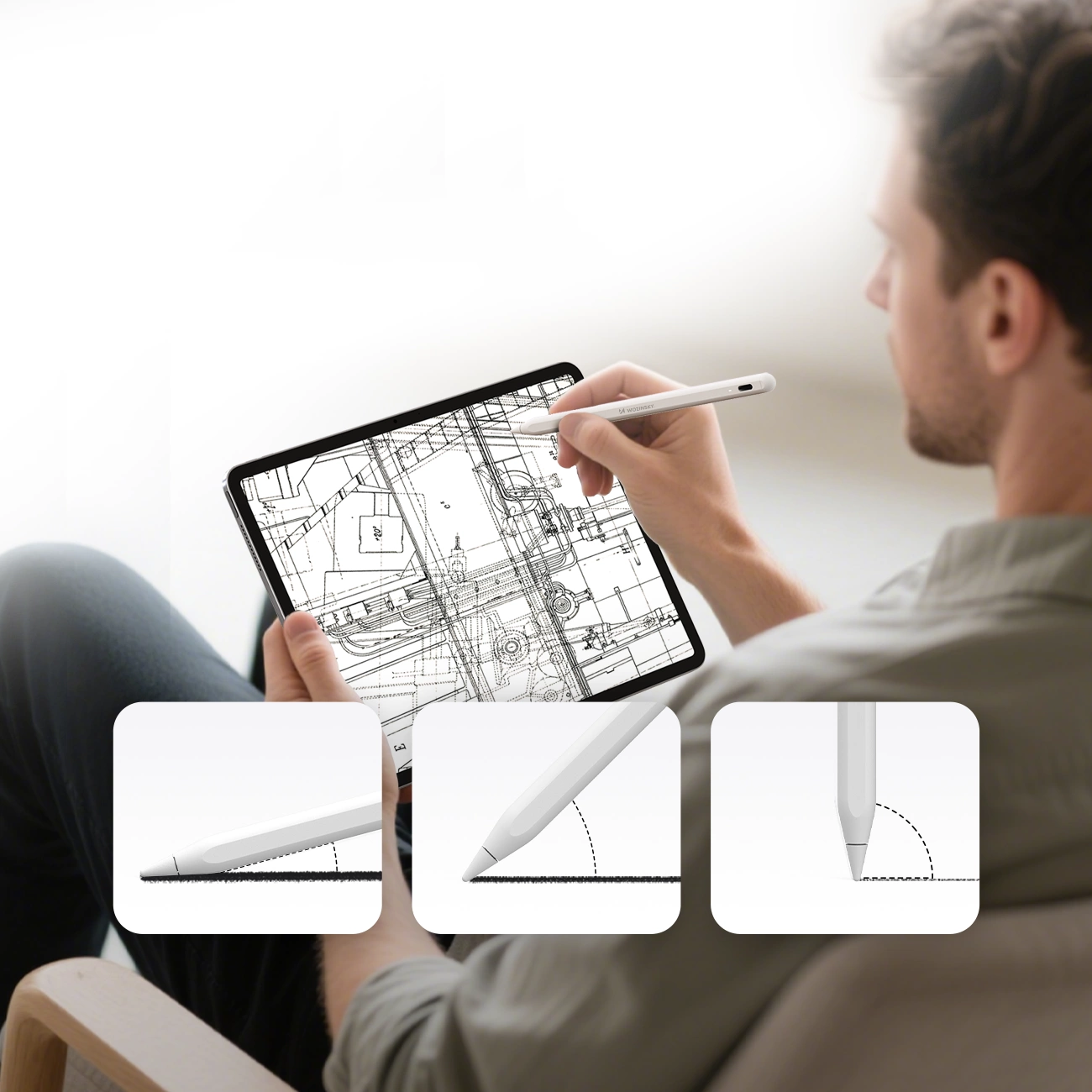 Un uomo disegna su un tablet con un pennino, con tre riquadri che mostrano diverse angolazioni.