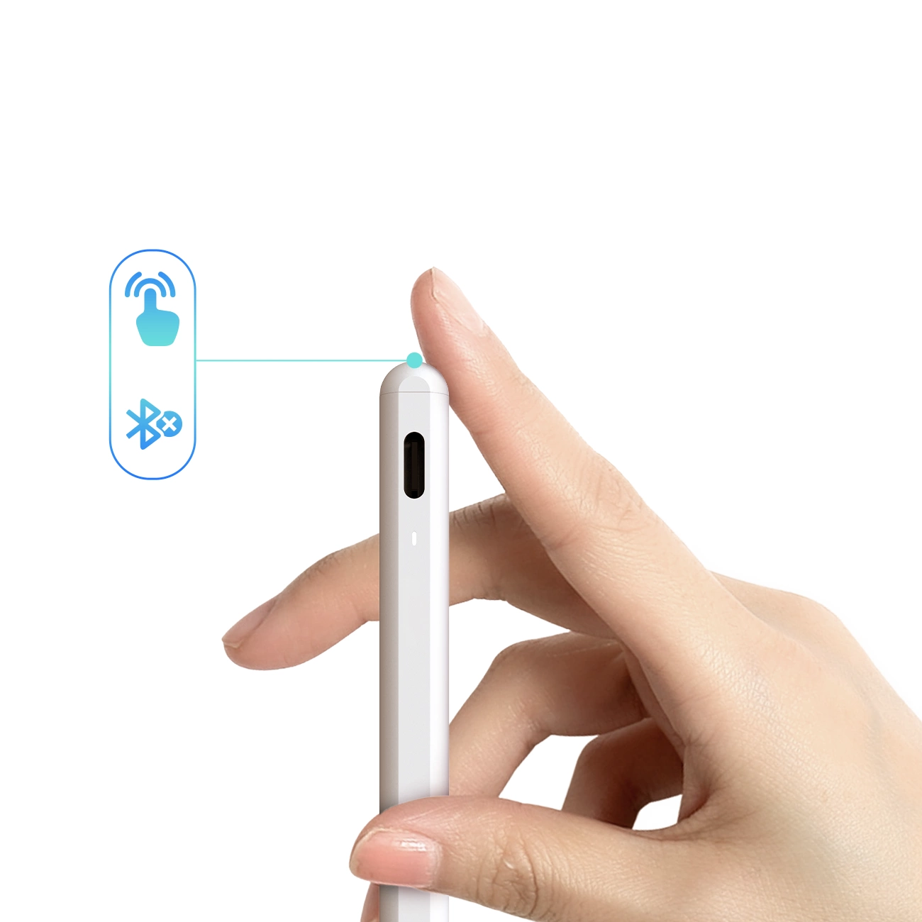 Mano che tocca la parte superiore di uno stilo bianco con icone.