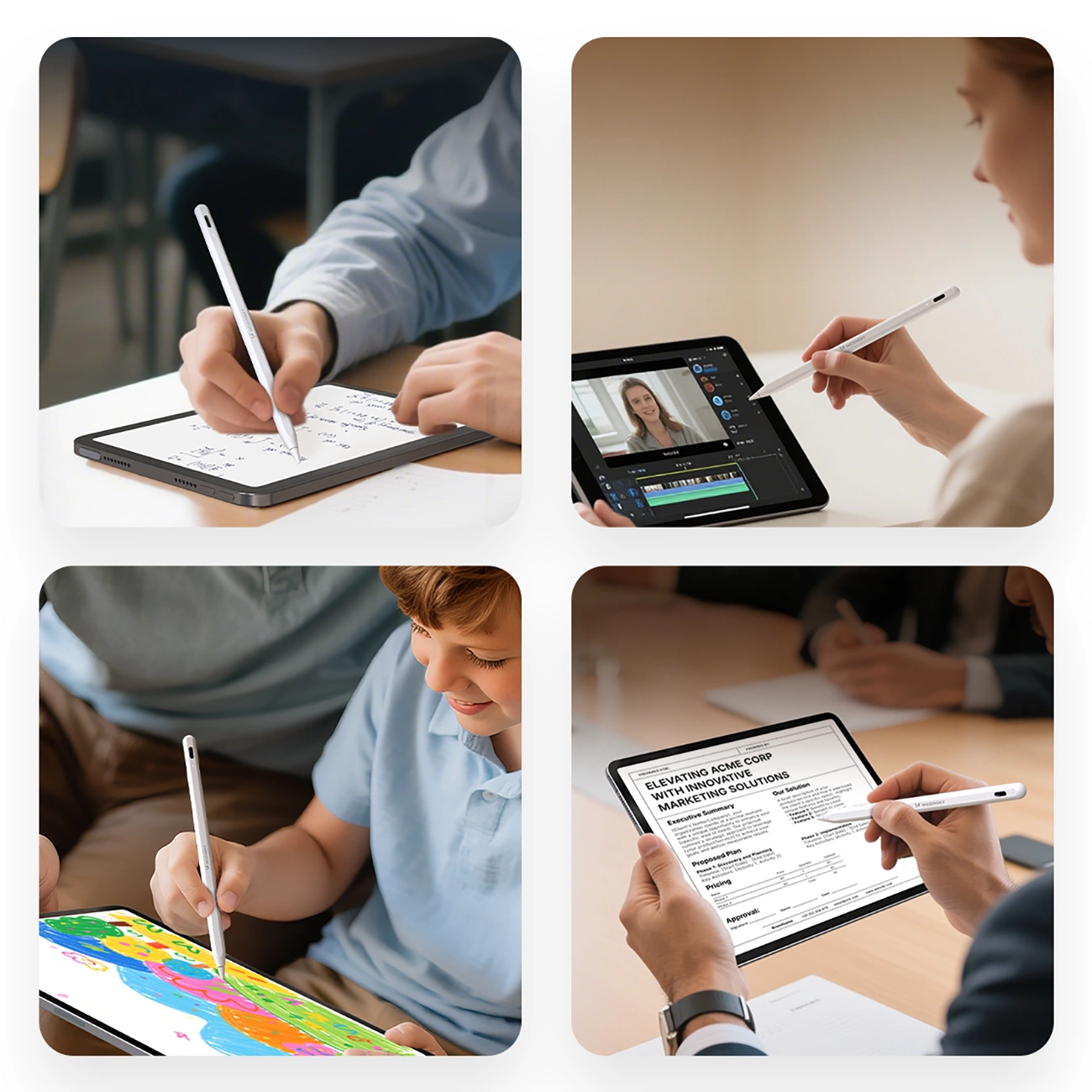 Quattro immagini mostrano persone che usano un pennino su tablet per scrivere, disegnare e lavorare.