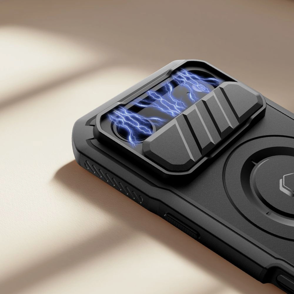 Eine schwarze Smartphone-Hülle mit Kamera-Schutzabdeckung und blauen elektrischen Blitzen darauf.