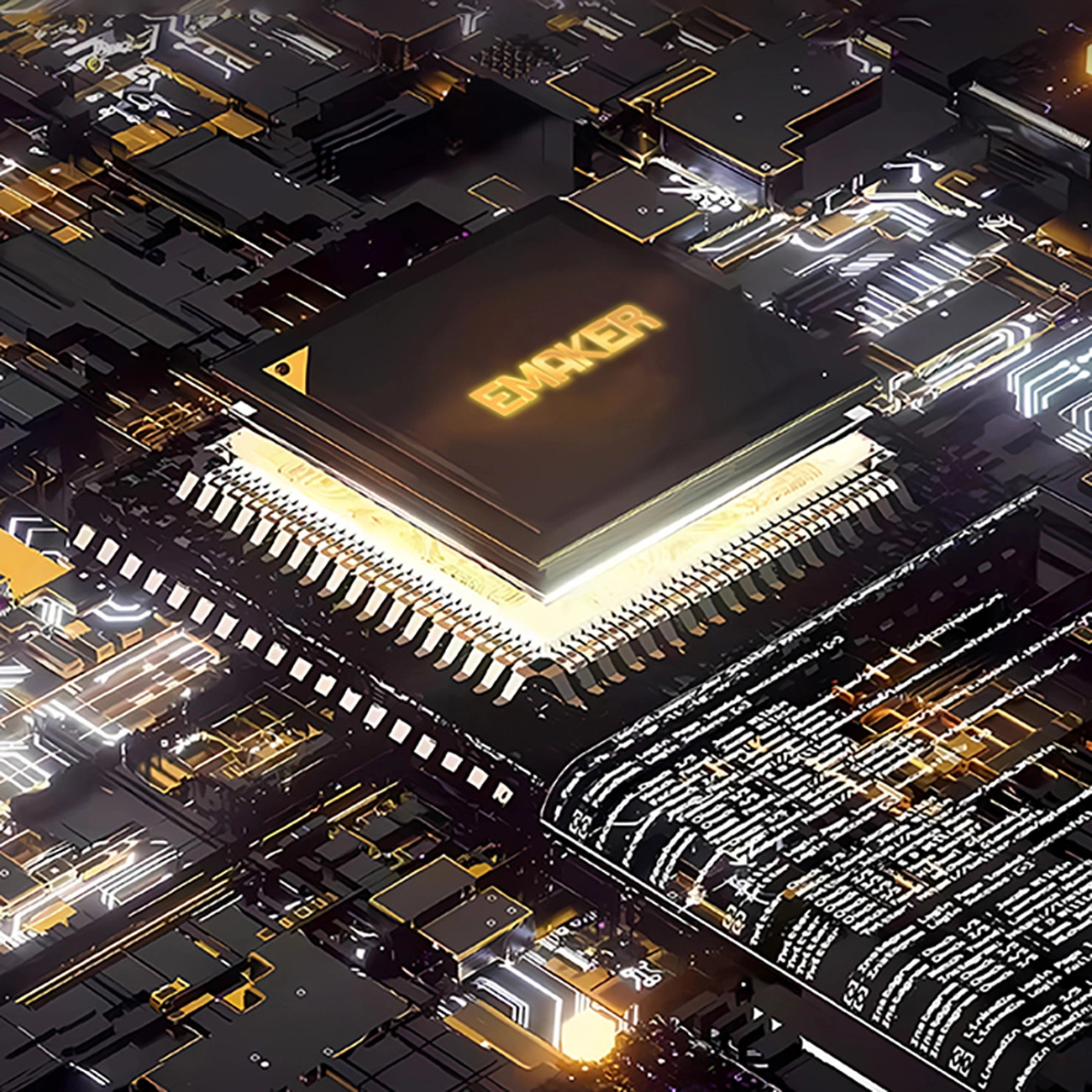Ein beleuchteter CPU-Chip mit der Aufschrift EMAKER auf einer komplexen, schwarzen und goldenen Computer-Platine.