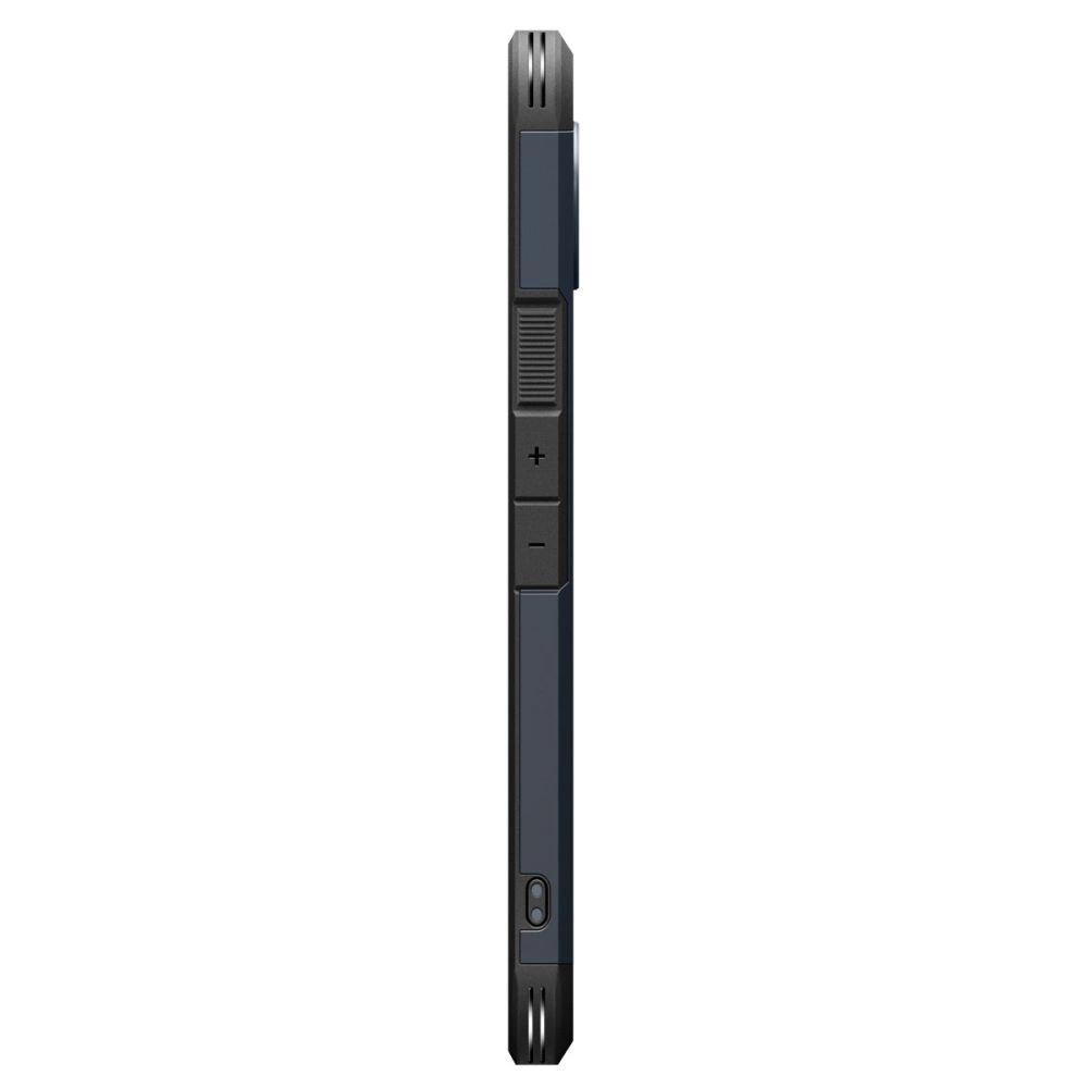 Vista laterale di uno smartphone robusto nero e blu con pulsanti fisici.