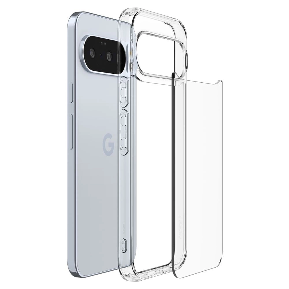 Uno smartphone azzurro e una cover protettiva trasparente sono affiancati su sfondo bianco.