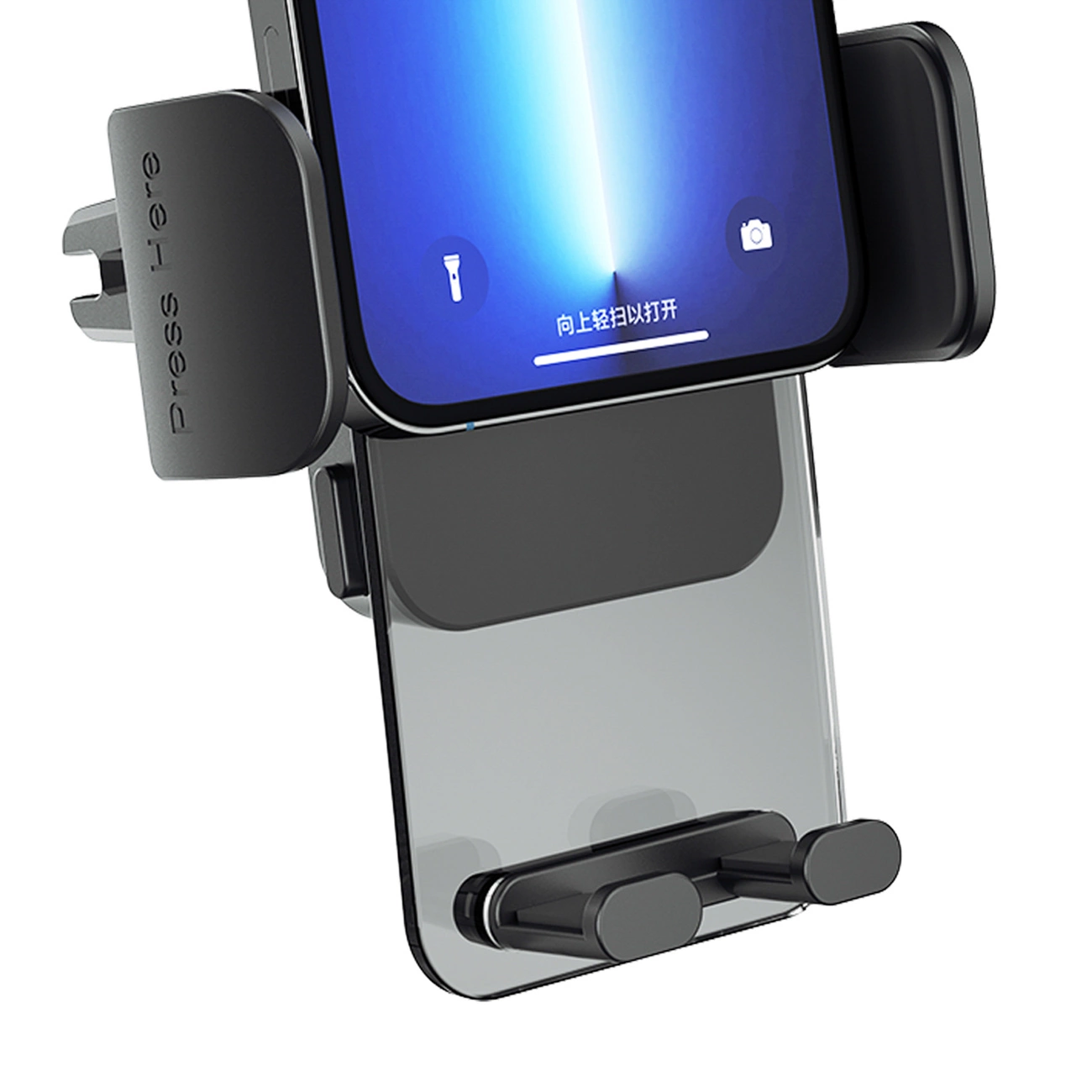 Eine schwarze Auto-Handyhalterung mit einem Smartphone mit blauem Bildschirm.