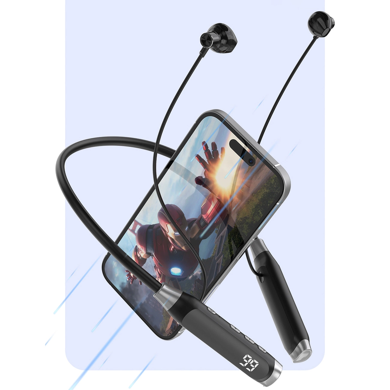 Auricolari da collo neri con display e smartphone con sfondo di un supereroe.