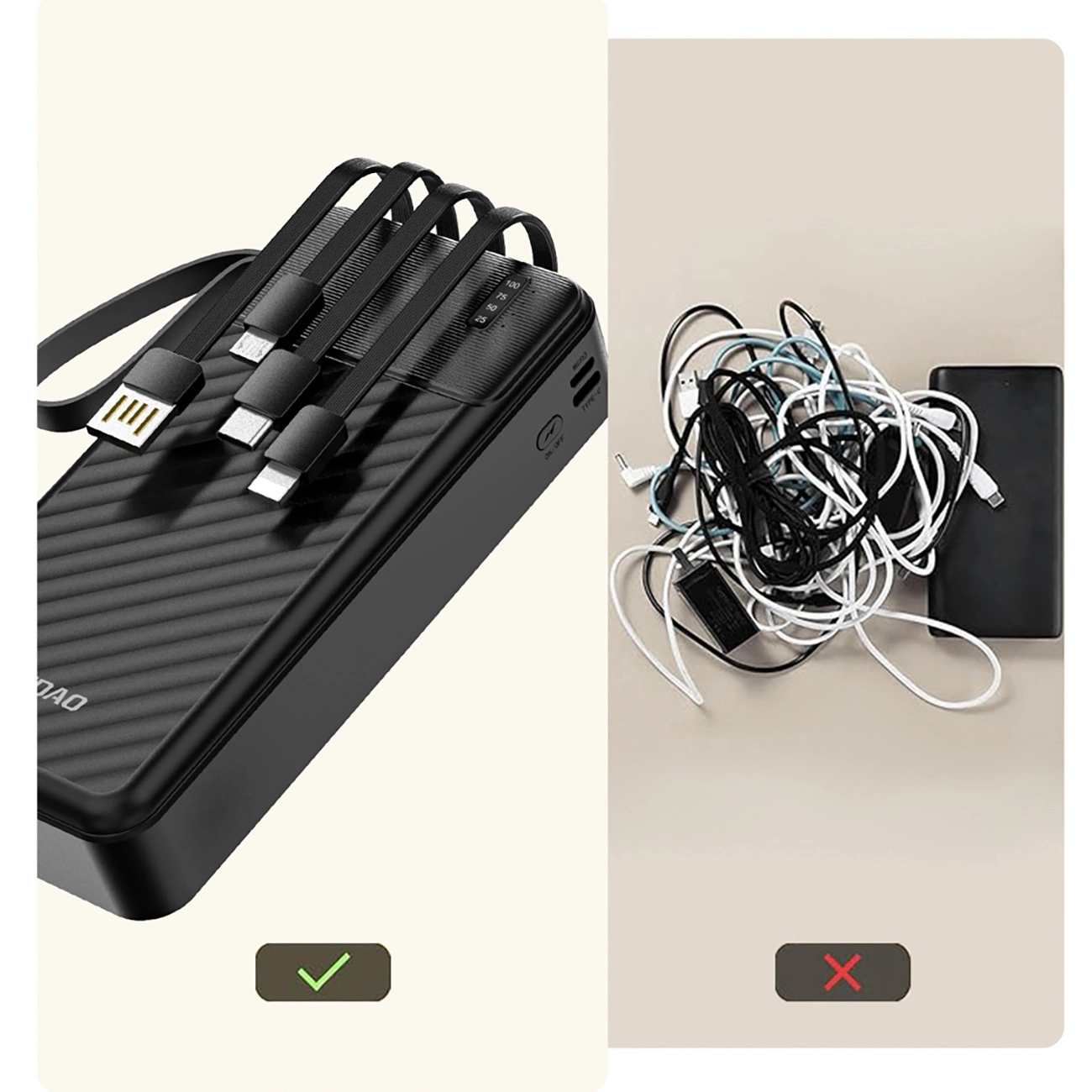 Confronto tra due power bank: una ordinata con cavi integrati e una con groviglio di cavi.