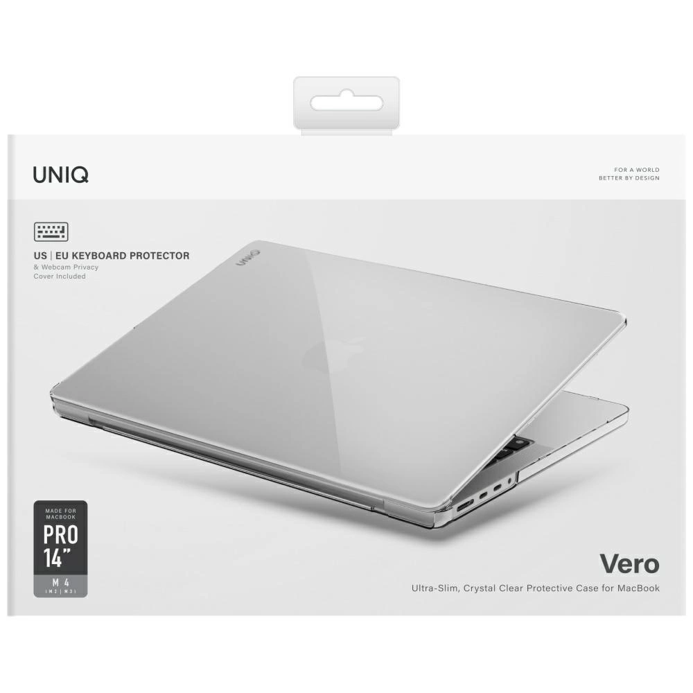 Confezione per custodia trasparente MacBook Pro 14 di UNIQ, con immagine e dettagli.