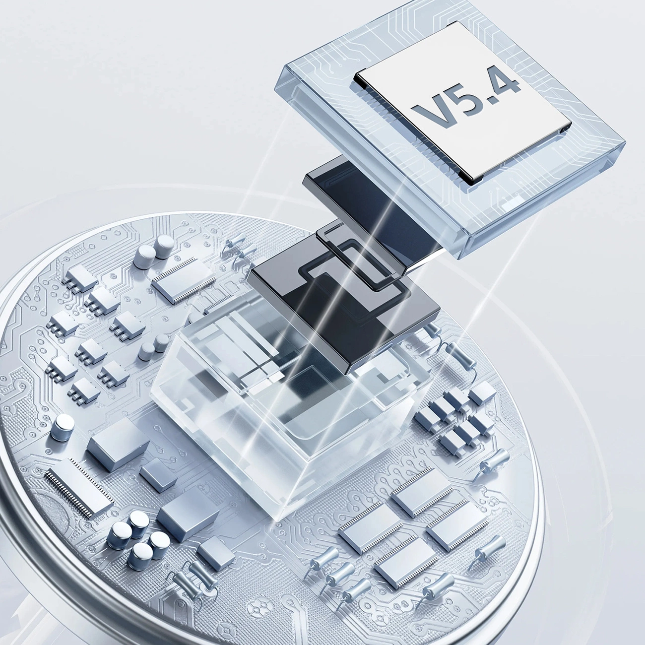 3D-Illustration eines beleuchteten Mikrochips V5.4 mit geschichteten Komponenten auf einer runden Platine.