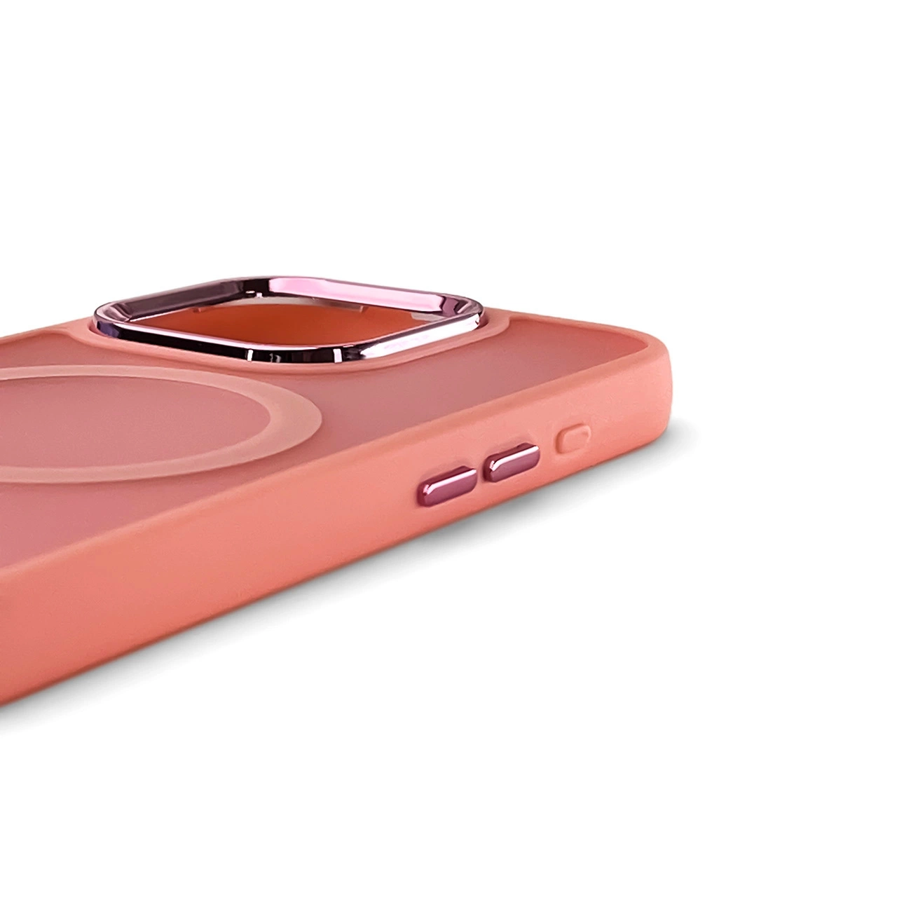 Eine pinke Smartphone-Hülle mit glänzenden Akzenten und Knöpfen auf weißem Hintergrund.