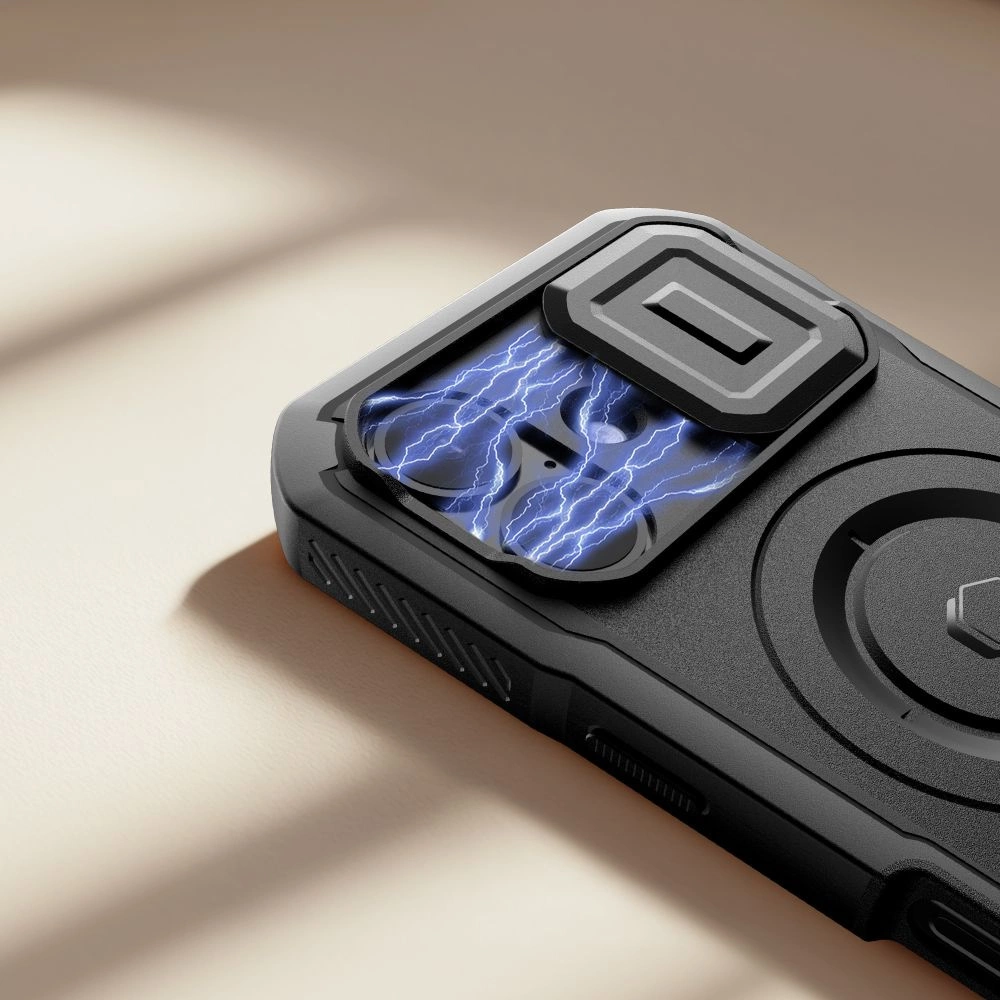 Eine schwarze Smartphone-Hülle mit verschiebbarer Kameraabdeckung und blau leuchtenden Blitzgrafiken.
