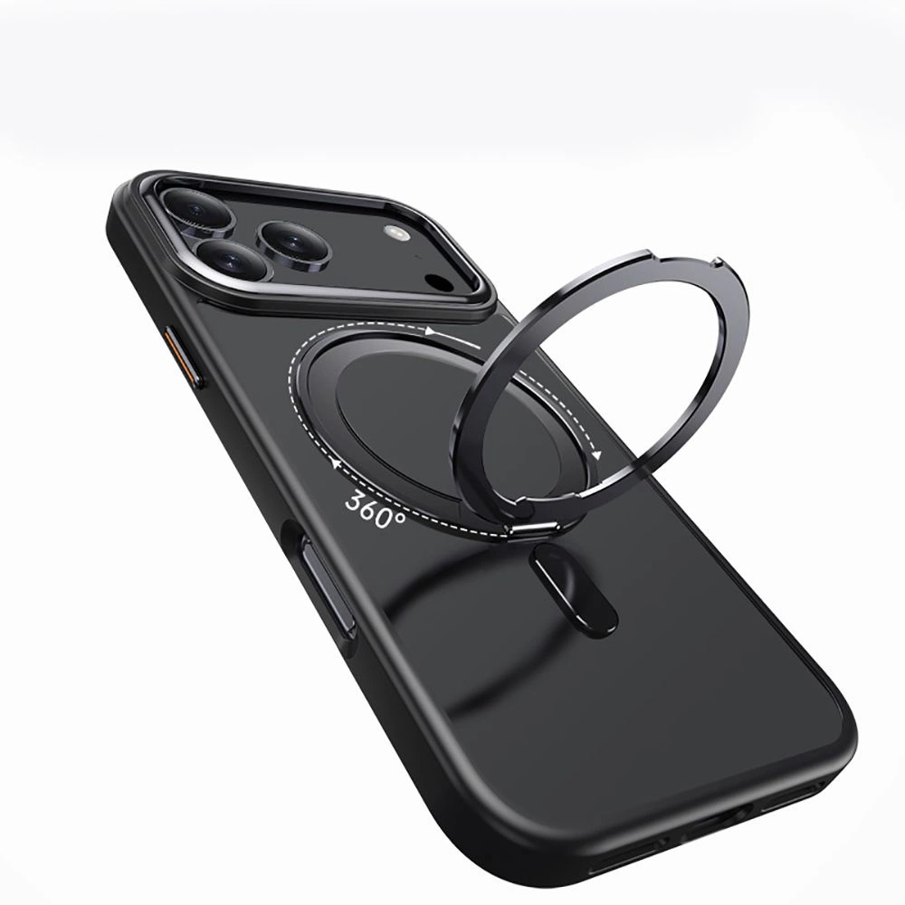Schwarze Handyhülle mit integriertem 360-Grad-Ringenhalter und Kameraausschnitt.
