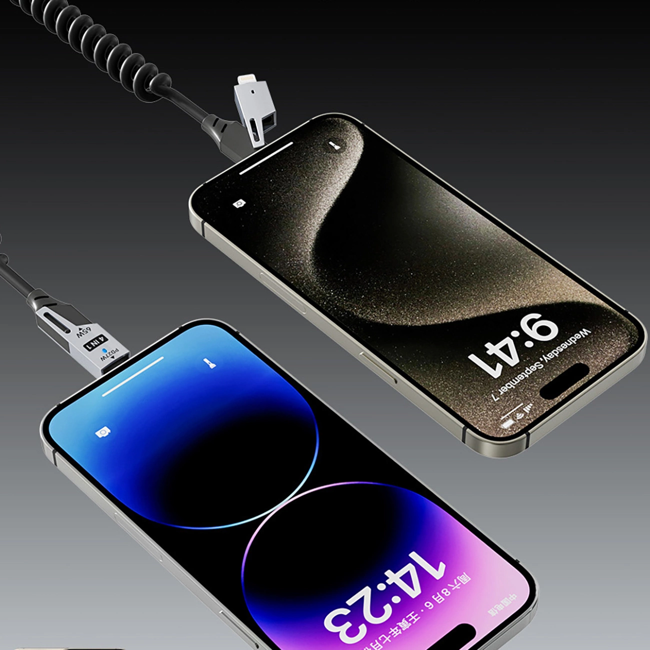 Zwei Smartphones angeschlossen an ein spiralförmiges Ladekabel auf dunklem Farbverlauf.