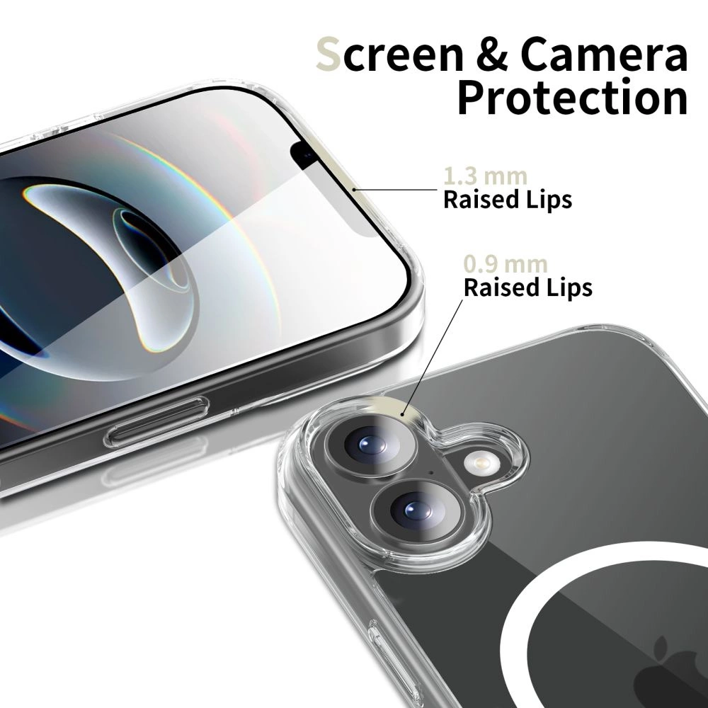 Diagramma mostra cover con bordo schermo 1,3 mm e protezione fotocamera 0,9 mm.