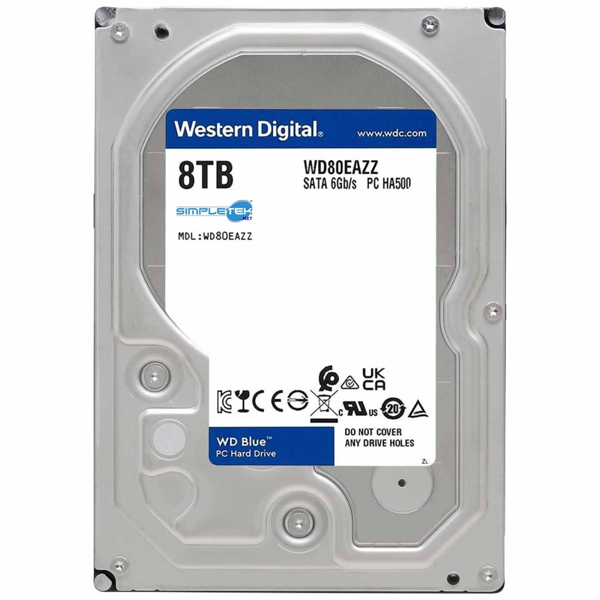 Hard disk interno Western Digital Blue da 8 TB con custodia in metallo argentato ed etichetta.