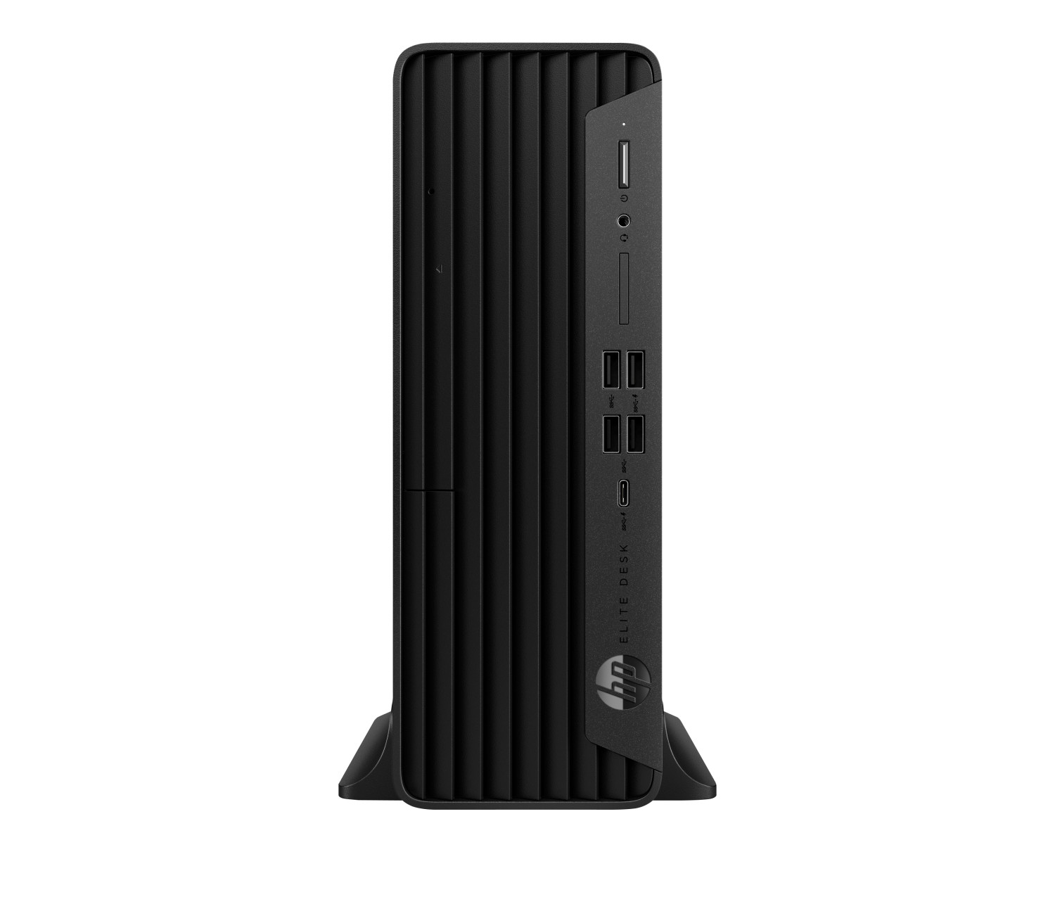 Un computer desktop HP EliteDesk nero si trova verticalmente su un supporto su sfondo bianco.