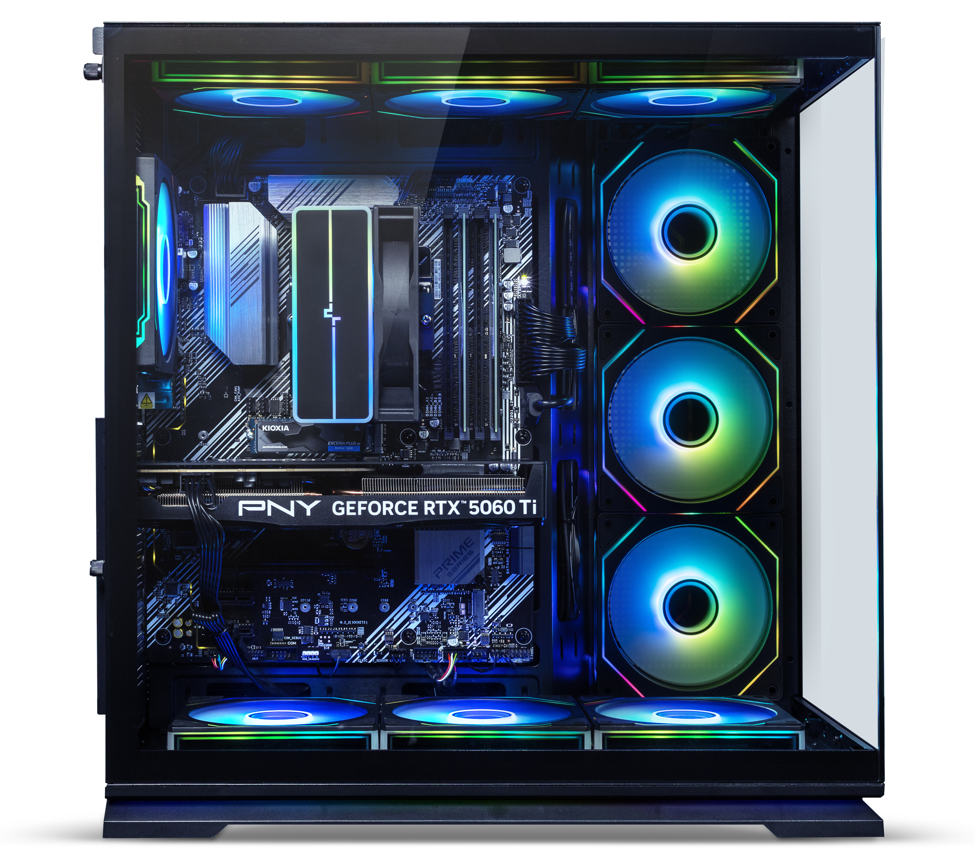 Ein PC-Gehäuse mit Glasfront zeigt beleuchtete RGB-Lüfter, eine Grafikkarte und das Motherboard im Inneren.