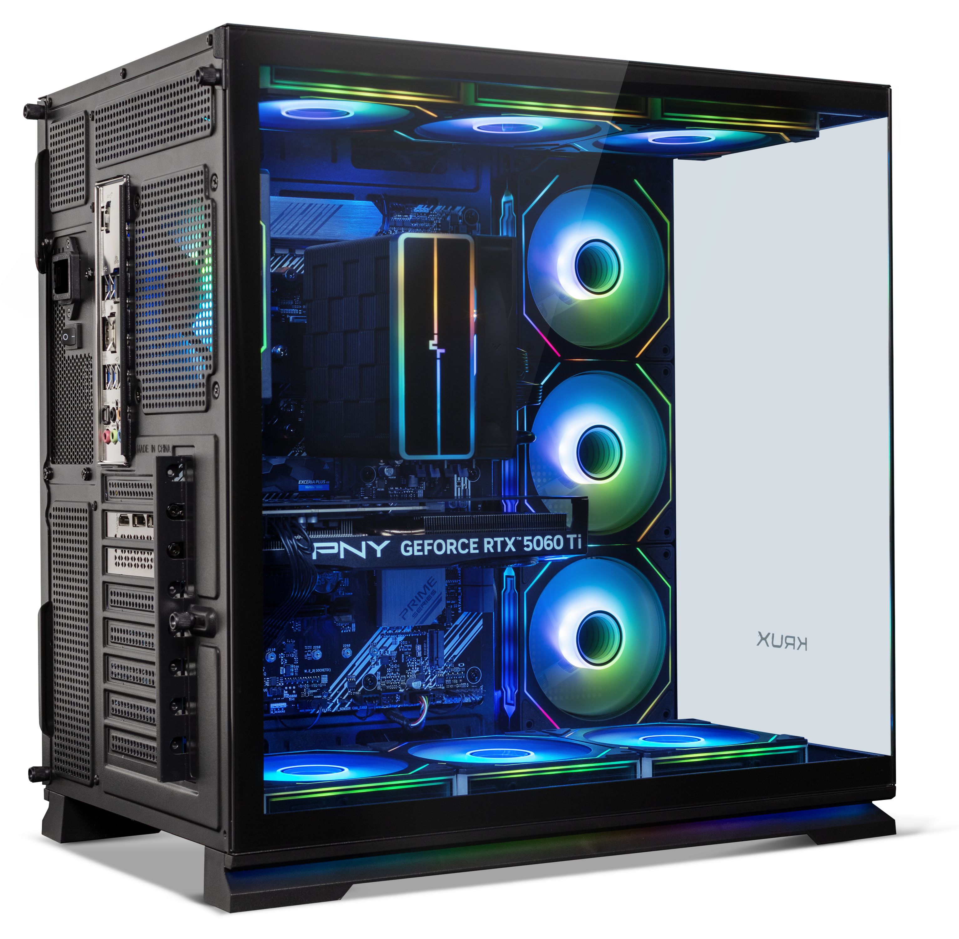 Ein schwarzer Desktop-PC mit glasklarem Gehäuse, beleuchteten RGB-Lüftern und sichtbaren internen Komponenten.