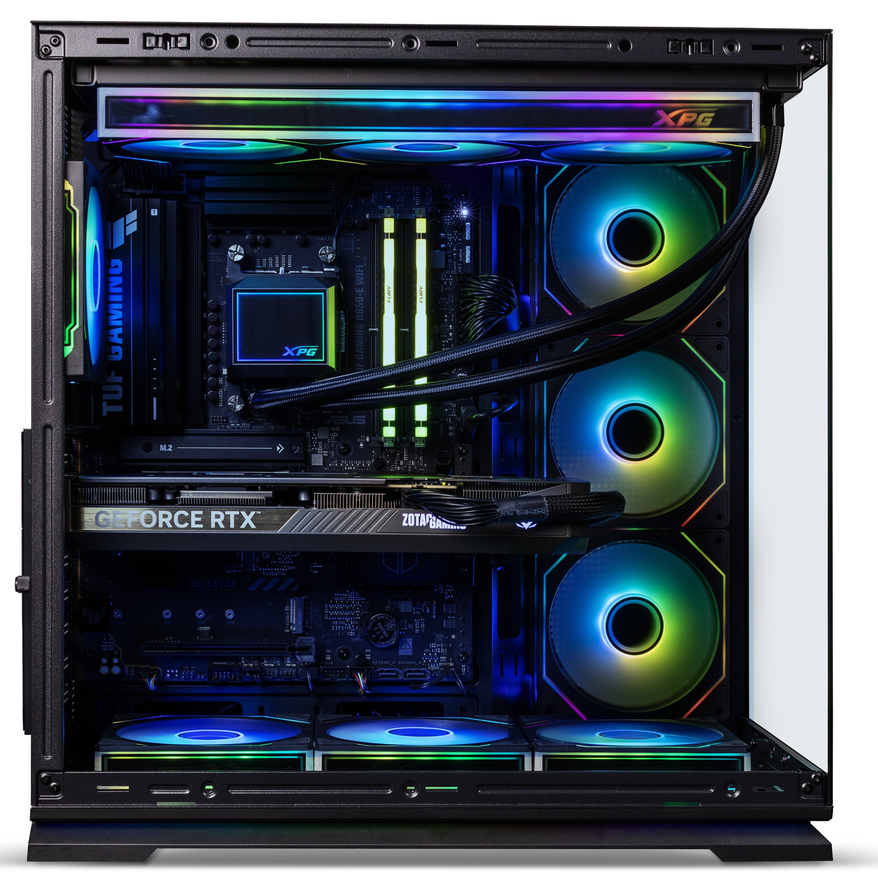 PC-Innere mit leuchtenden RGB-Lüftern, Grafikkarte und schwarzem Mainboard.