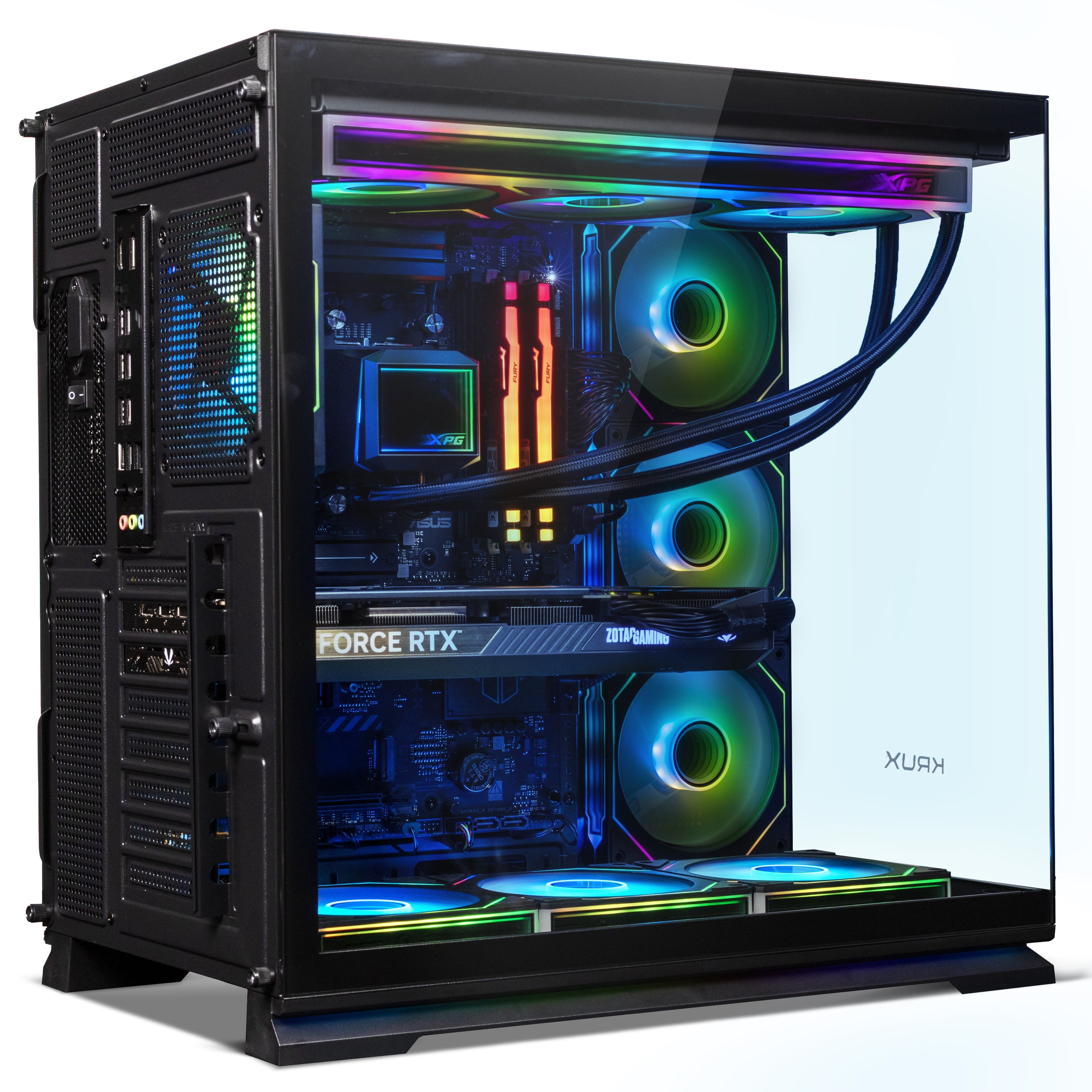 Ein schwarzer Gaming-PC mit beleuchteten RGB-Lüftern und einer Grafikkarte mit der Aufschrift GeForce RTX.