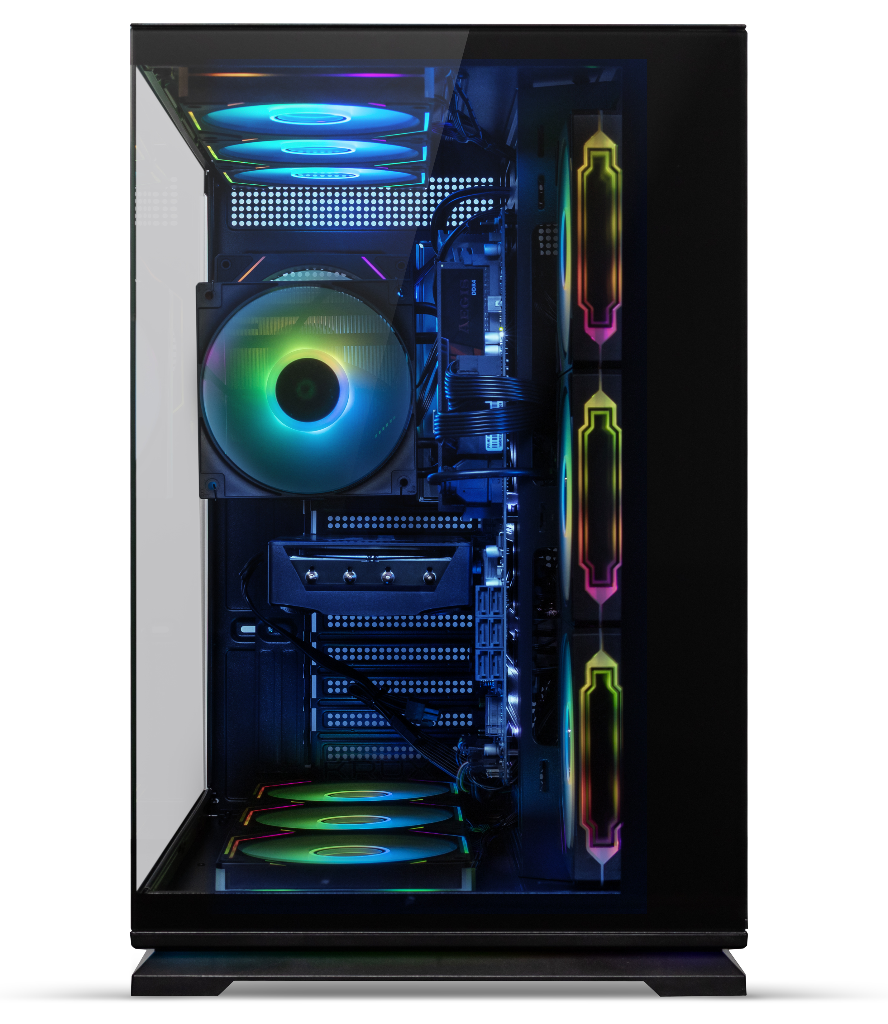 Ein PC-Gehäuse mit Glasfront zeigt beleuchtete RGB-Lüfter, Komponenten und Kabel im Inneren.