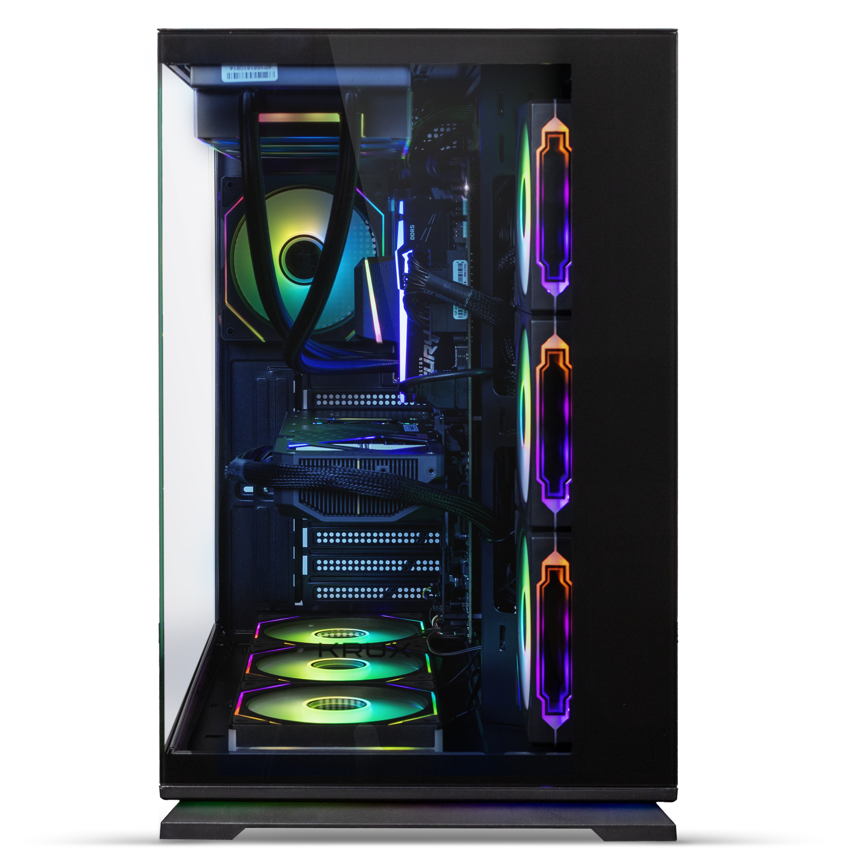 Ein schwarzes PC-Gehäuse mit transparentem Seitenteil zeigt lebendige RGB-Beleuchtung an Lüftern und Hardware.