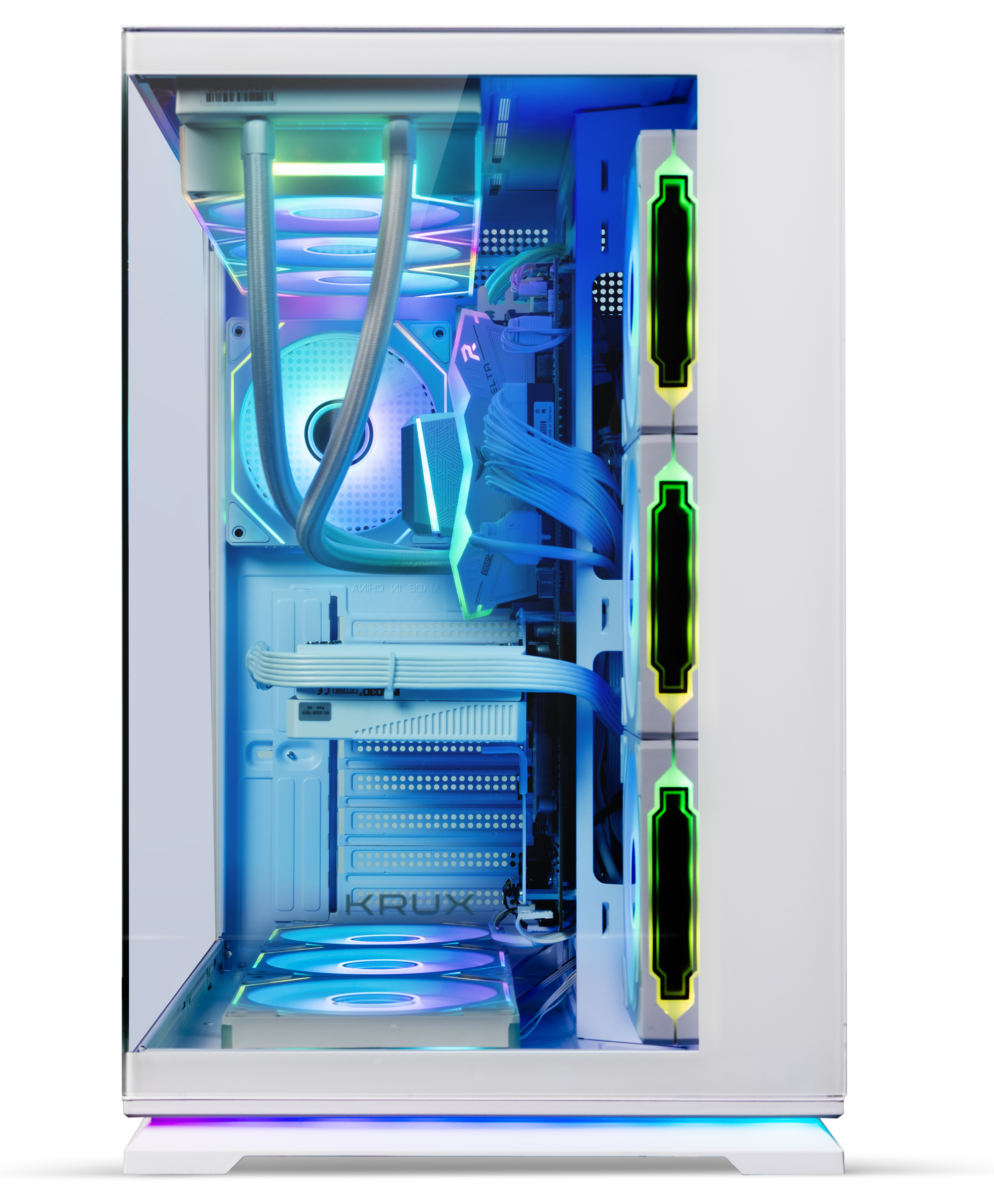 Ein weißer PC-Turm mit beleuchteten Lüftern, Wasserkühlung und bunten LED-Akzenten im Inneren.