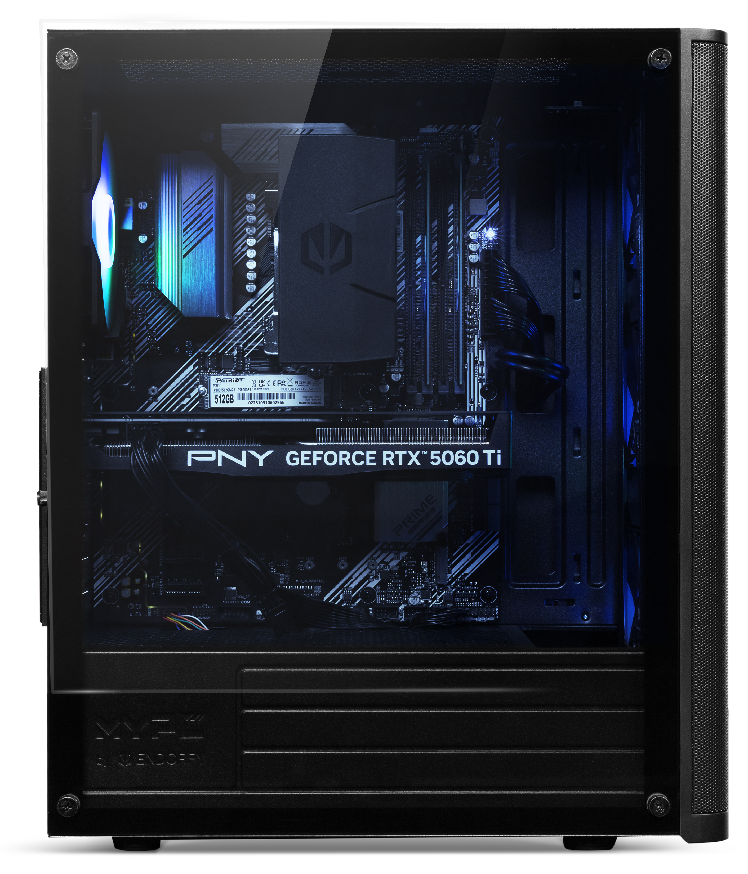 Innenansicht eines schwarzen PC-Gehäuses mit PNY GeForce RTX-Grafikkarte, Mainboard und blauer Beleuchtung.