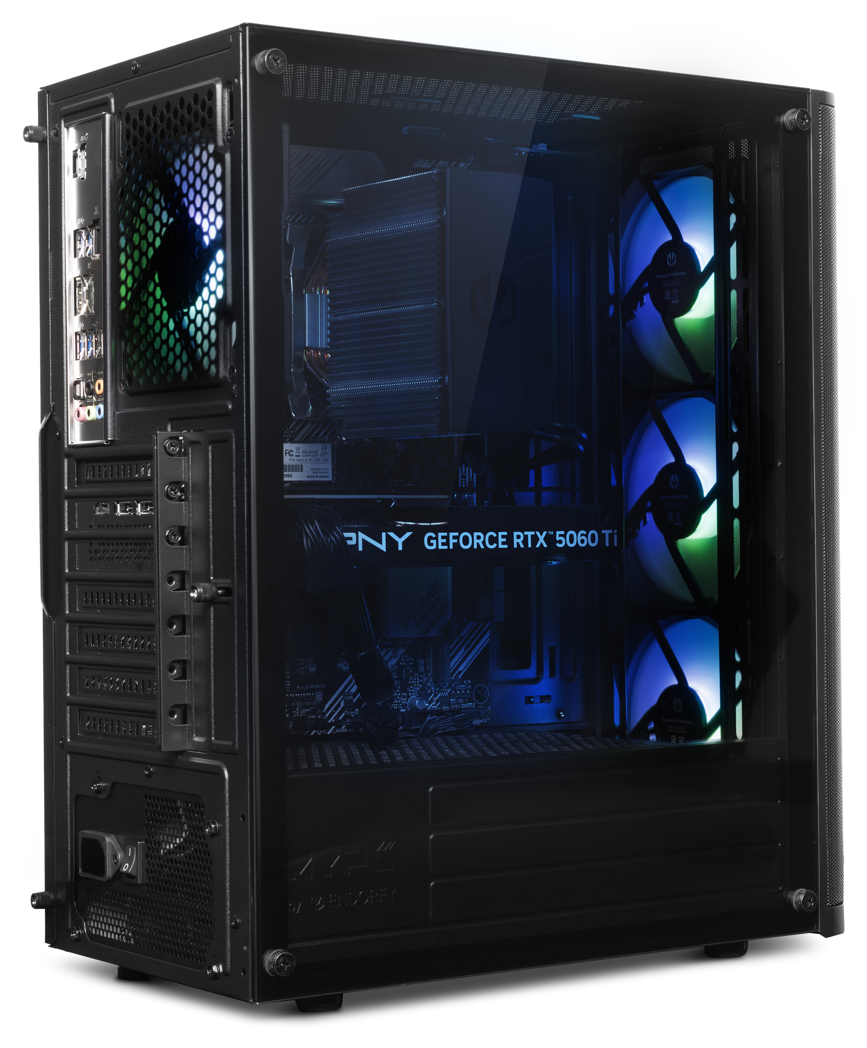 Schwarzes PC-Gehäuse mit Glasseitenteil, beleuchteten Lüftern und RTX 5060 Ti Grafikkarte.