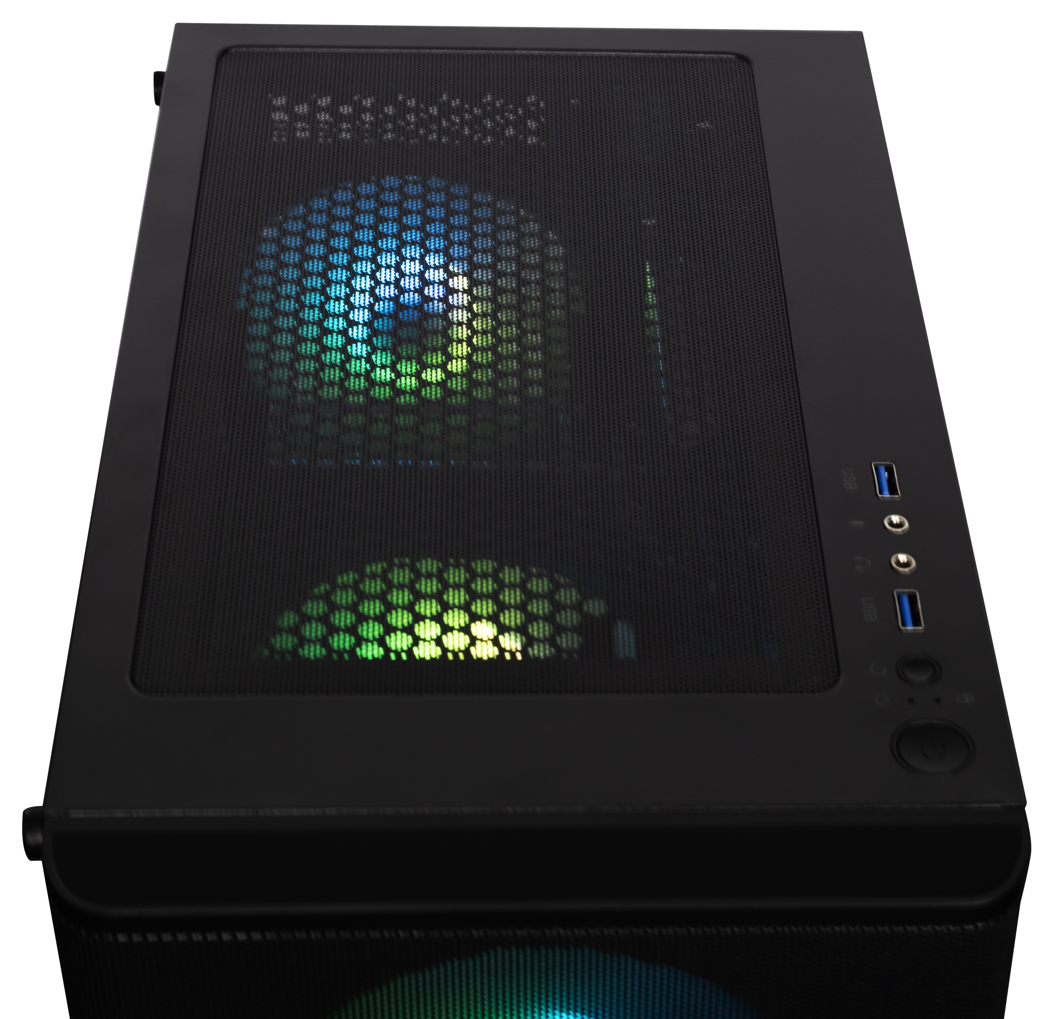 Schwarzes PC-Gehäuse von oben mit RGB-Lüftern und Mesh-Oberseite.