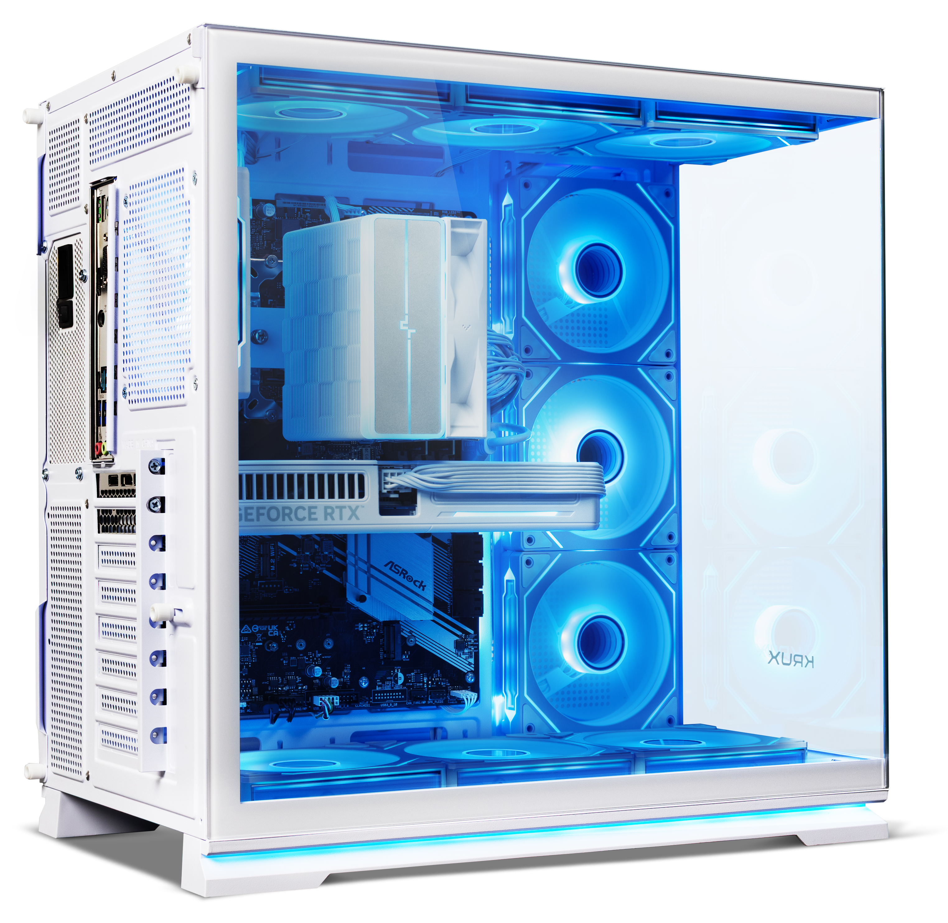 Ein weißes PC-Gehäuse mit Glasscheiben und internen Komponenten, beleuchtet von blauen LED-Lüftern.