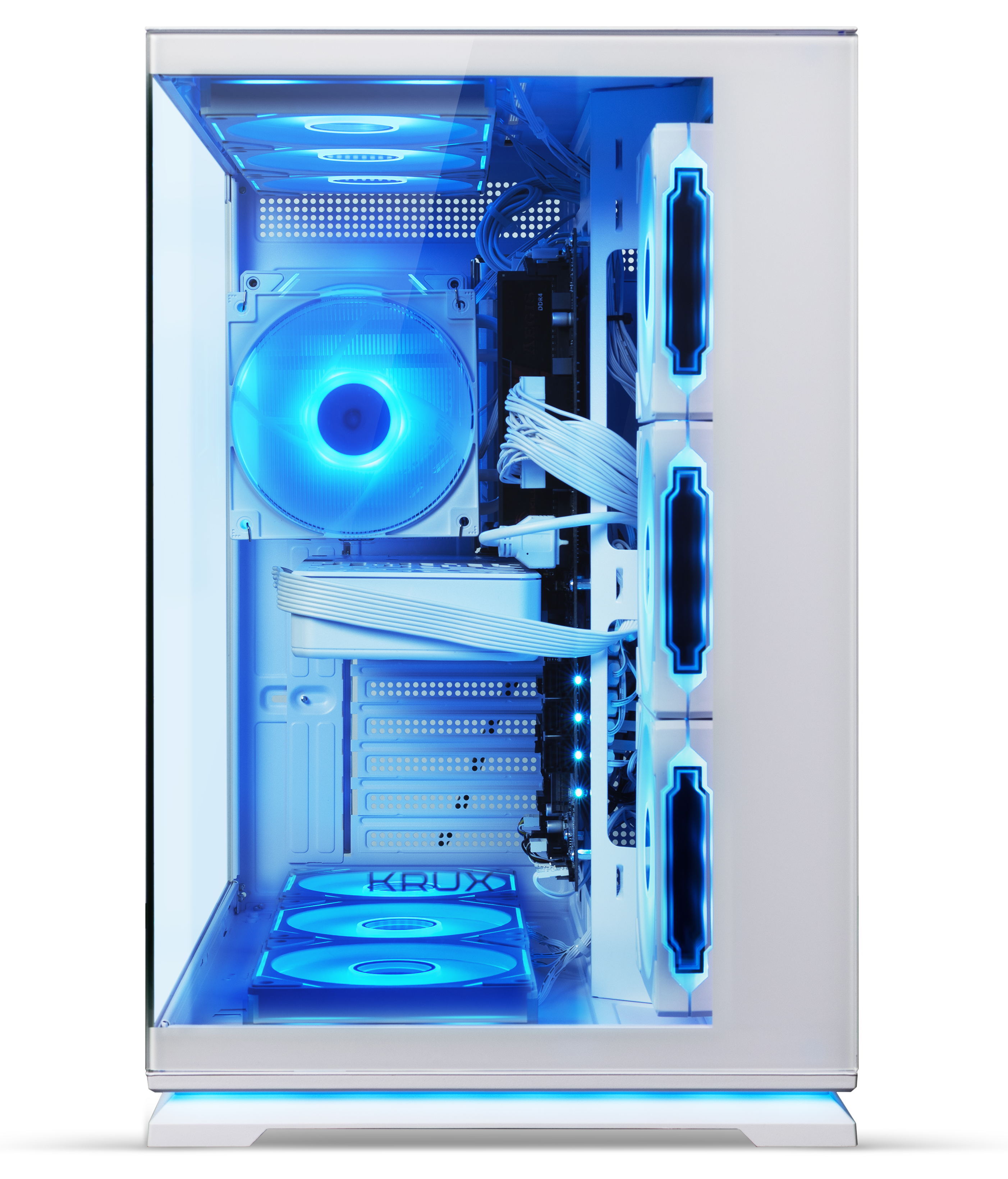 Ein weißer PC-Tower mit blauer Innenbeleuchtung, mehreren Lüftern und ordentlicher Kabelführung.