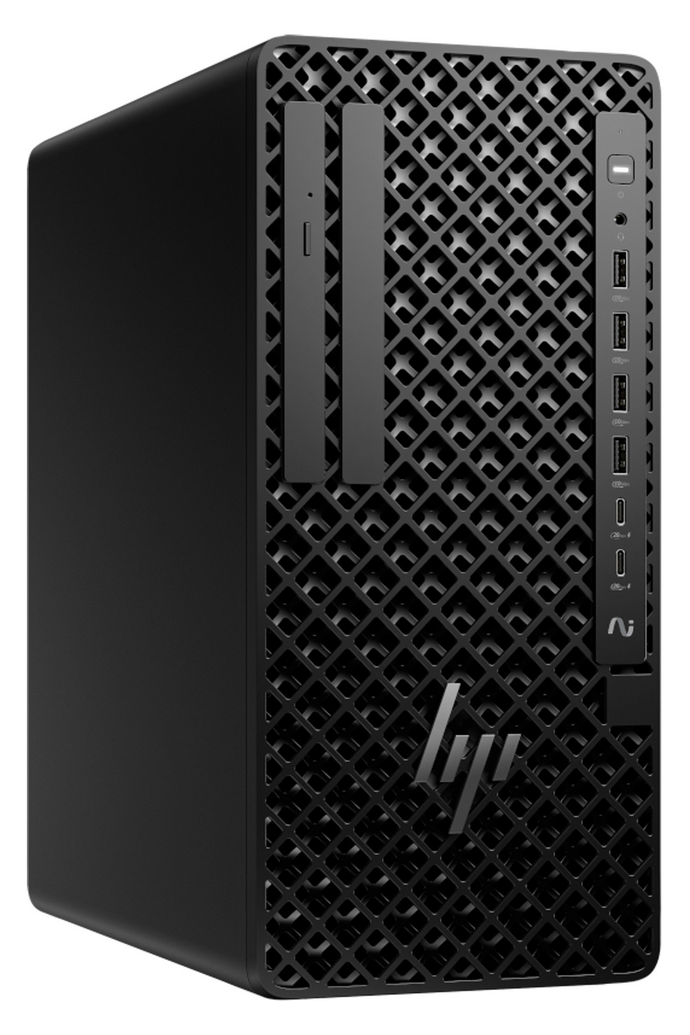Tower per computer desktop HP nero con pannello frontale a griglia e porte USB.