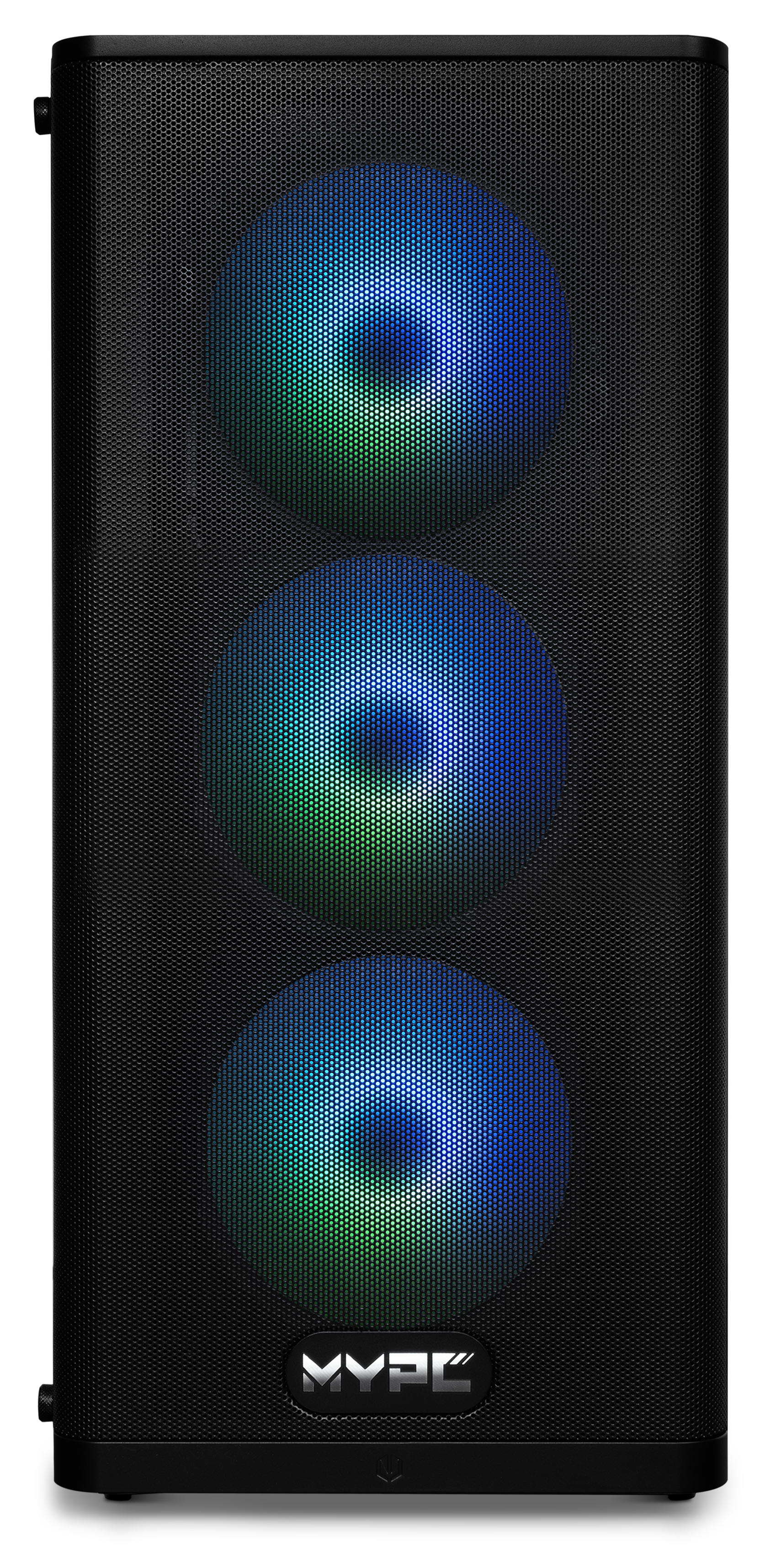 Schwarzes PC-Gehäuse mit drei blau-grün leuchtenden Frontlüftern und MYPC-Logo.