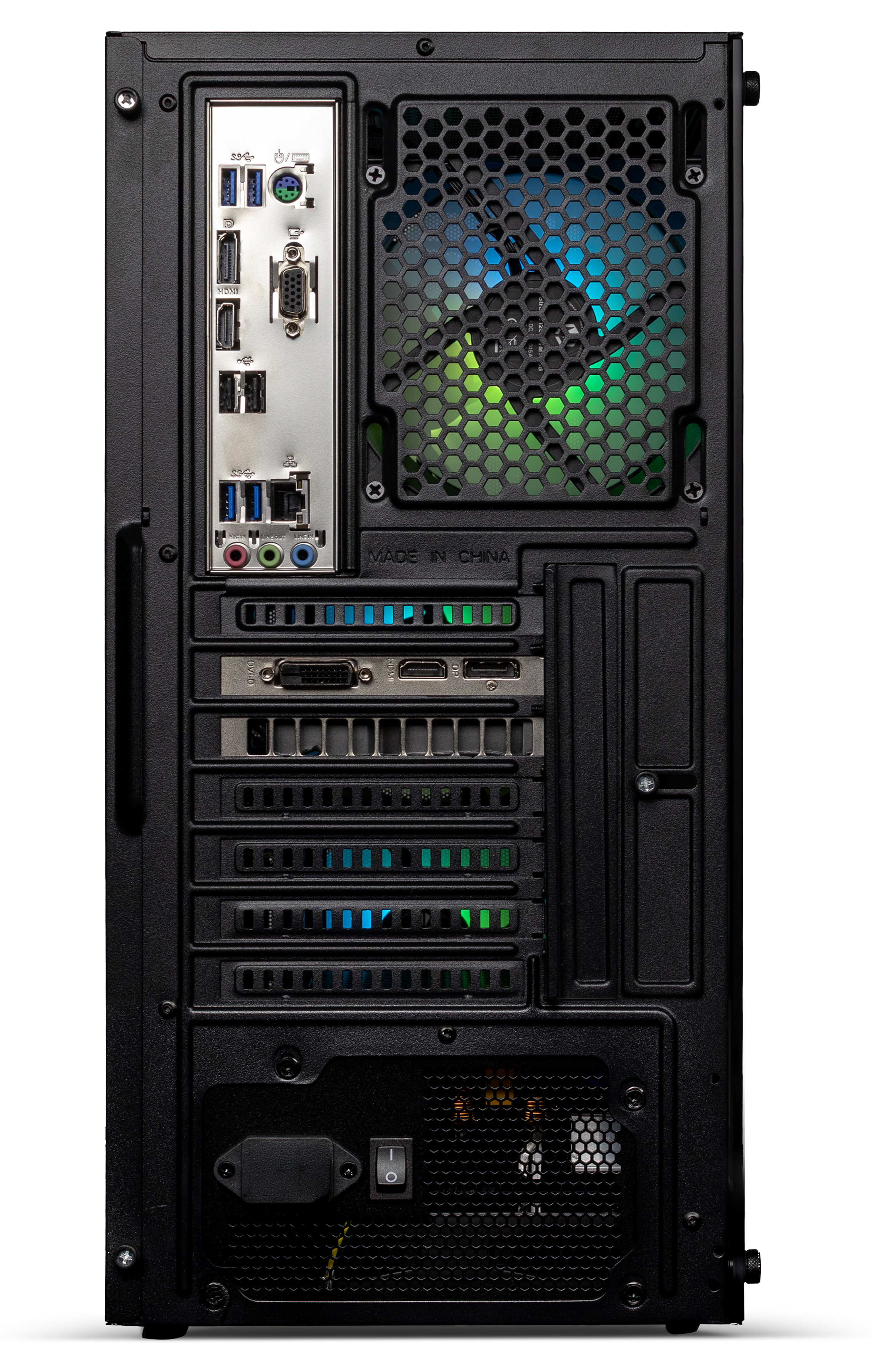Rückseite eines schwarzen PC-Gehäuses mit I/O-Anschlüssen, Lüftergitter mit RGB und Netzteil unten.