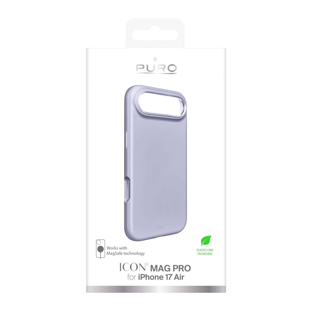 Funda morada PURO ICON MAG PRO para iPhone 17 Air en empaque blanco sin plástico.
