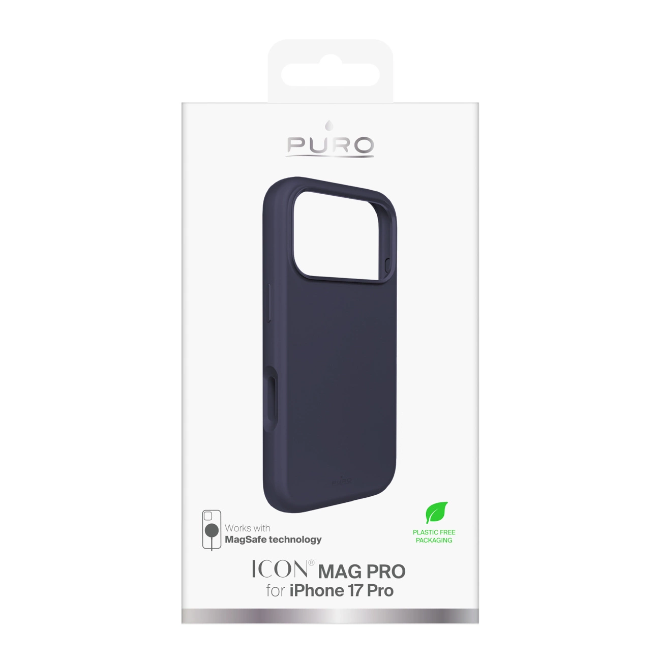Una custodia per cellulare Puro Icon Mag Pro blu scuro nella confezione originale per iPhone 17 Pro.