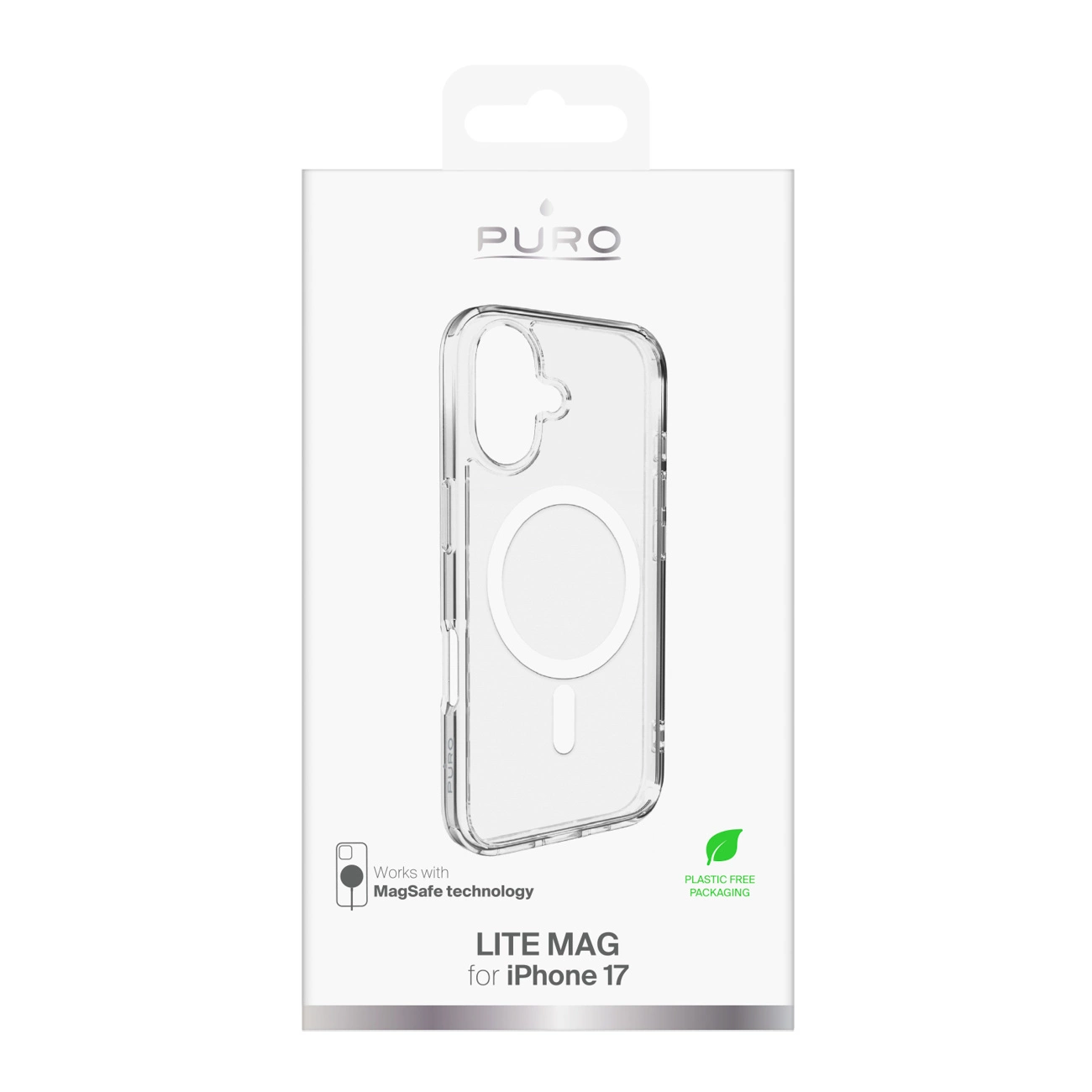 Scatola bianca Puro Lite Mag per cover trasparente iPhone 17, con icone MagSafe e senza plastica.