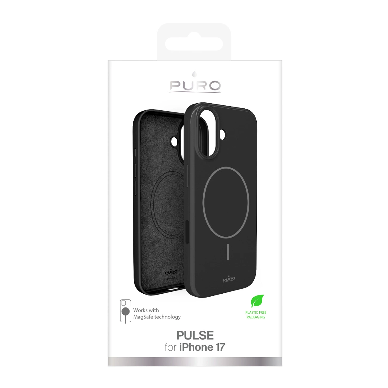 Confezione per cover Puro Pulse iPhone 17 con tecnologia MagSafe e packaging plastic-free.