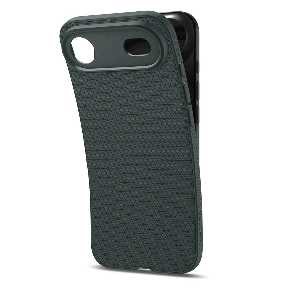 Fundá protectora de smartphone gris oscura con patrón triangular texturizado y aberturas para cámara y botones.