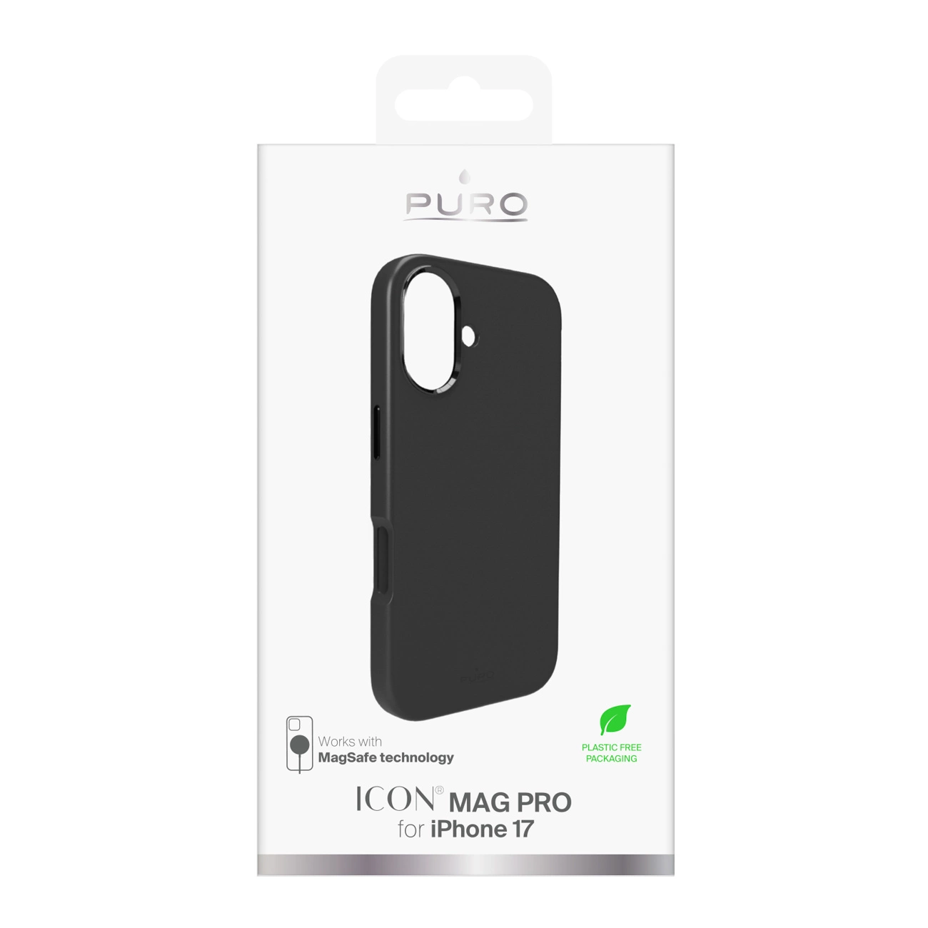 Custodia protettiva nera per iPhone 17 in confezione bianca con scritta ICON MAG PRO.