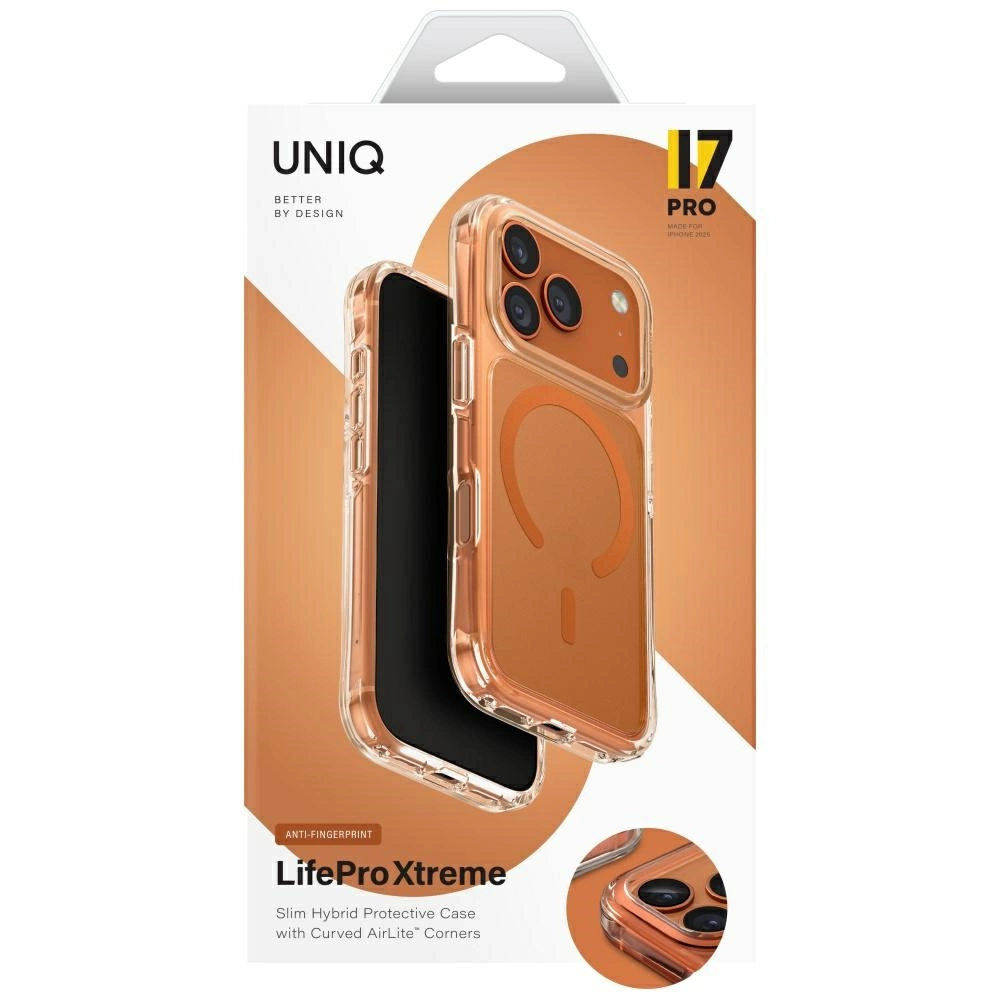 Beyaz arka planda turuncu renkli şeffaf UNIQ LifePro Xtreme telefon kılıfı ambalajı.