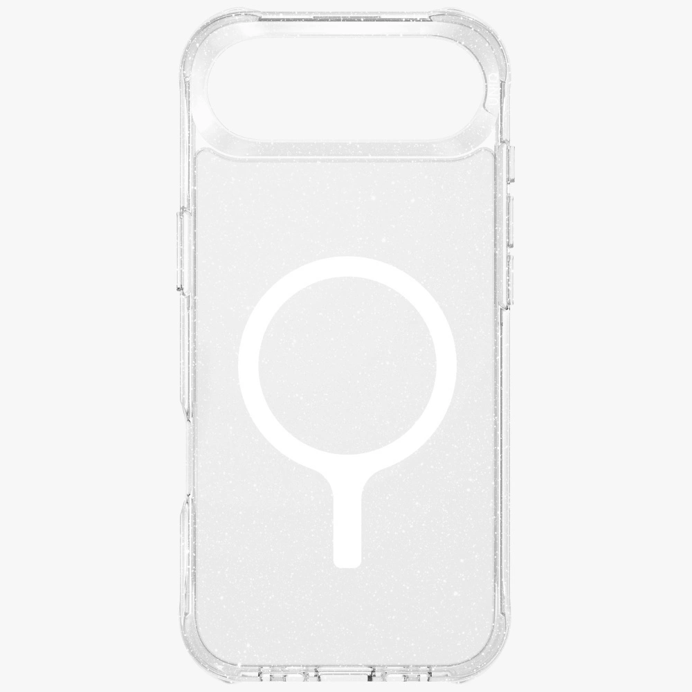 Arkada beyaz MagSafe halkası bulunan şeffaf, parıltılı akıllı telefon kılıfı.