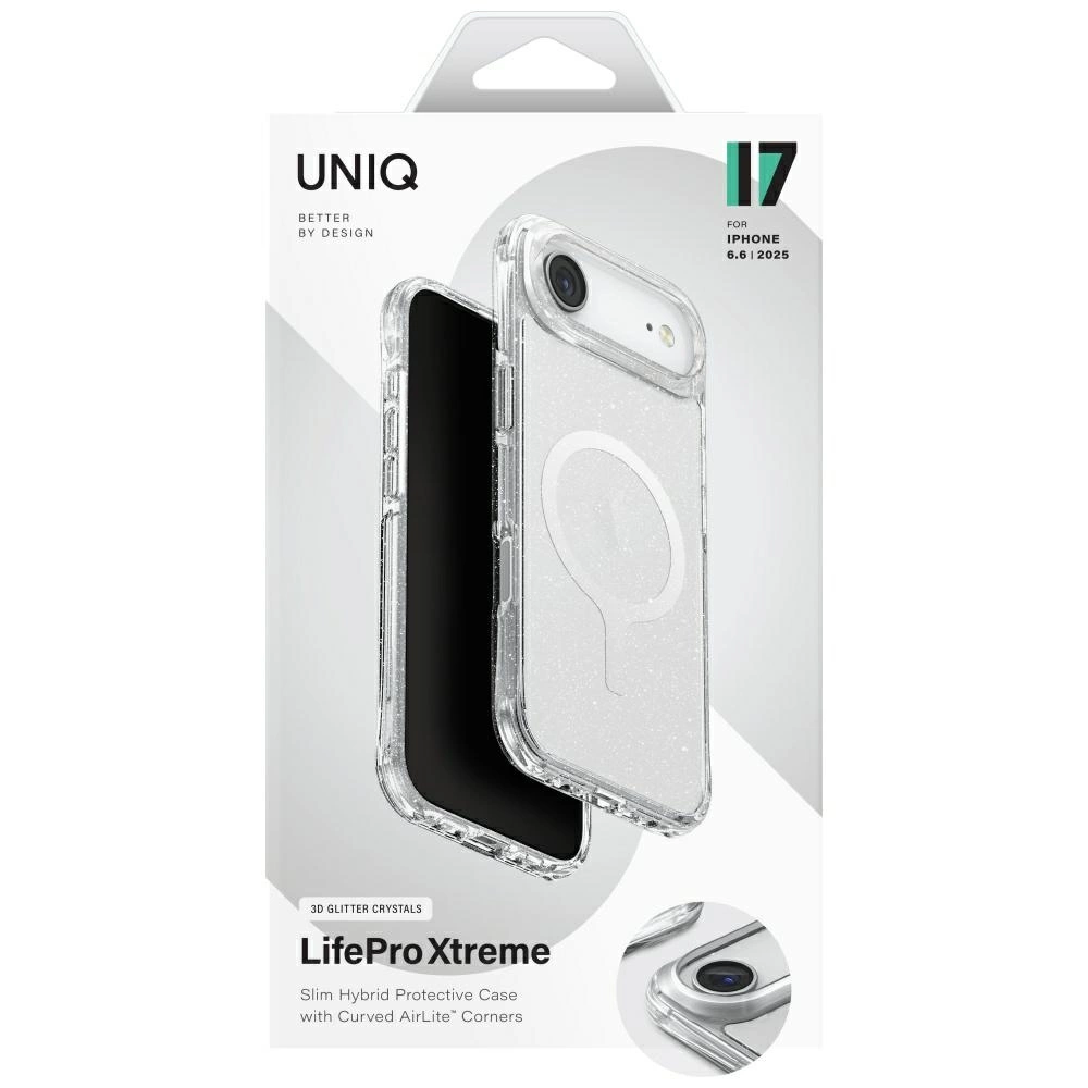 Şeffaf simli tasarıma sahip iPhone için UNIQ LifePro Xtreme ince hibrit koruyucu kılıfın ambalajı.